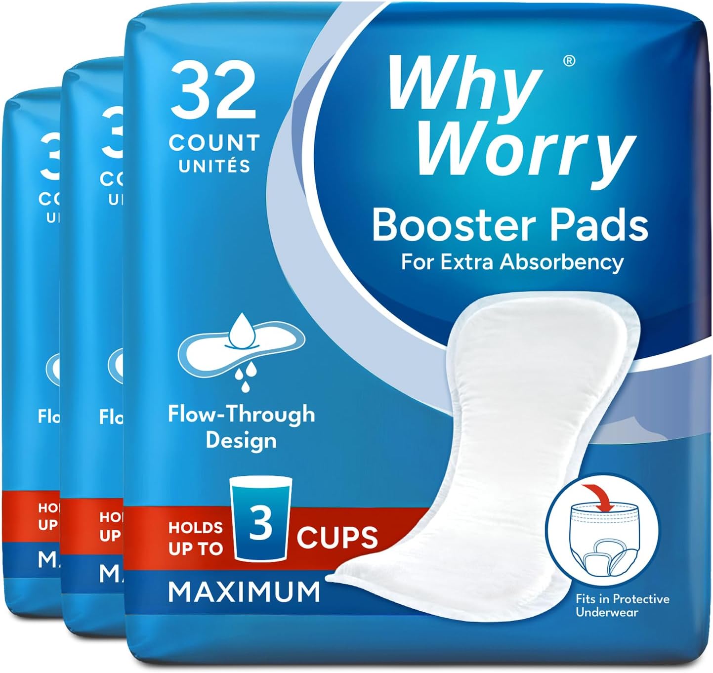 WhyWorry Booster Pads with Maximum Absorbency, 96 Count | Fits Adult Diapers & Incontinence Underwear, Added 3 Cups Extra Absorbency, Flow-Through Design, Unisex, Odor Control