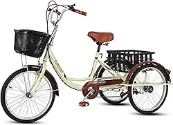Triciclo Adulto com Cesta de Compras, Bicicleta Trike, 7 Velocidades, 3 Rodas, para Recreação e Compras, Unissexo