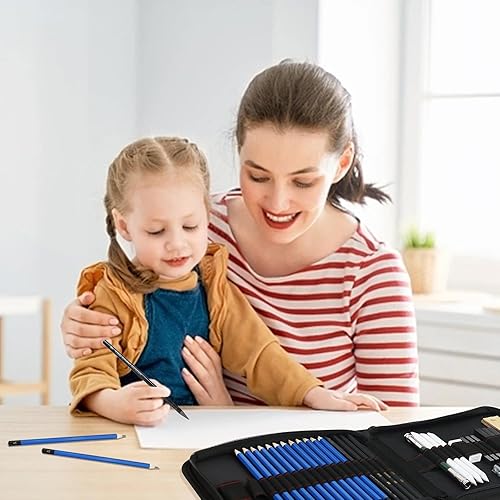 Miniatura 8 de LUCYCAZ Juego de dibujo, kit de boceto, 55 piezas de suministros de arte para adultos con lápices de dibujo, grafito y carbón, suministros de dibujo