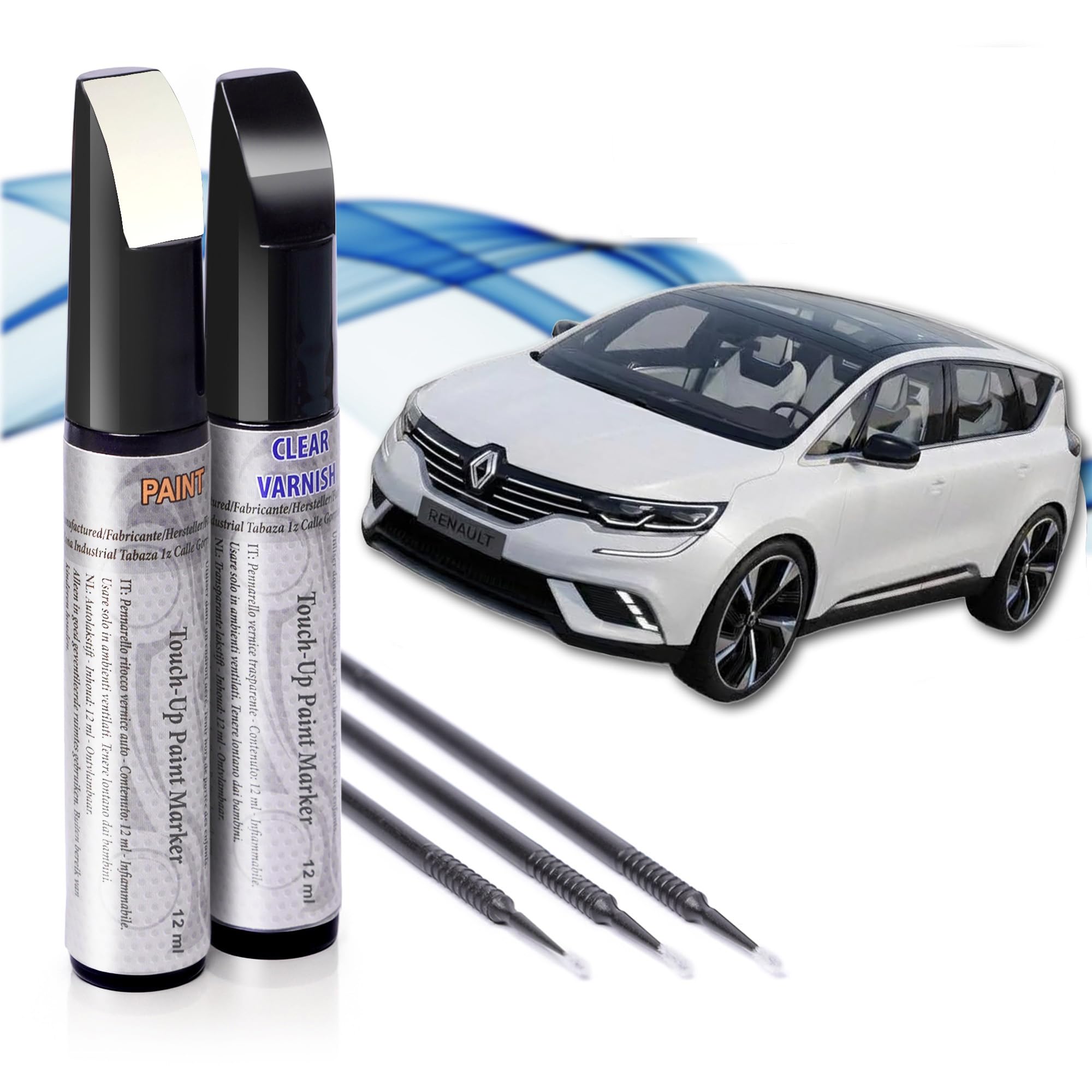 Reparador de Arañazos para Coche, Lápiz de Retoque para Automóvil, Bolígrafo Reparaarañazos, 2 Piezas de Pintura de Retoque Renault (389 BLANCO GLACIER) con Base + Laca.