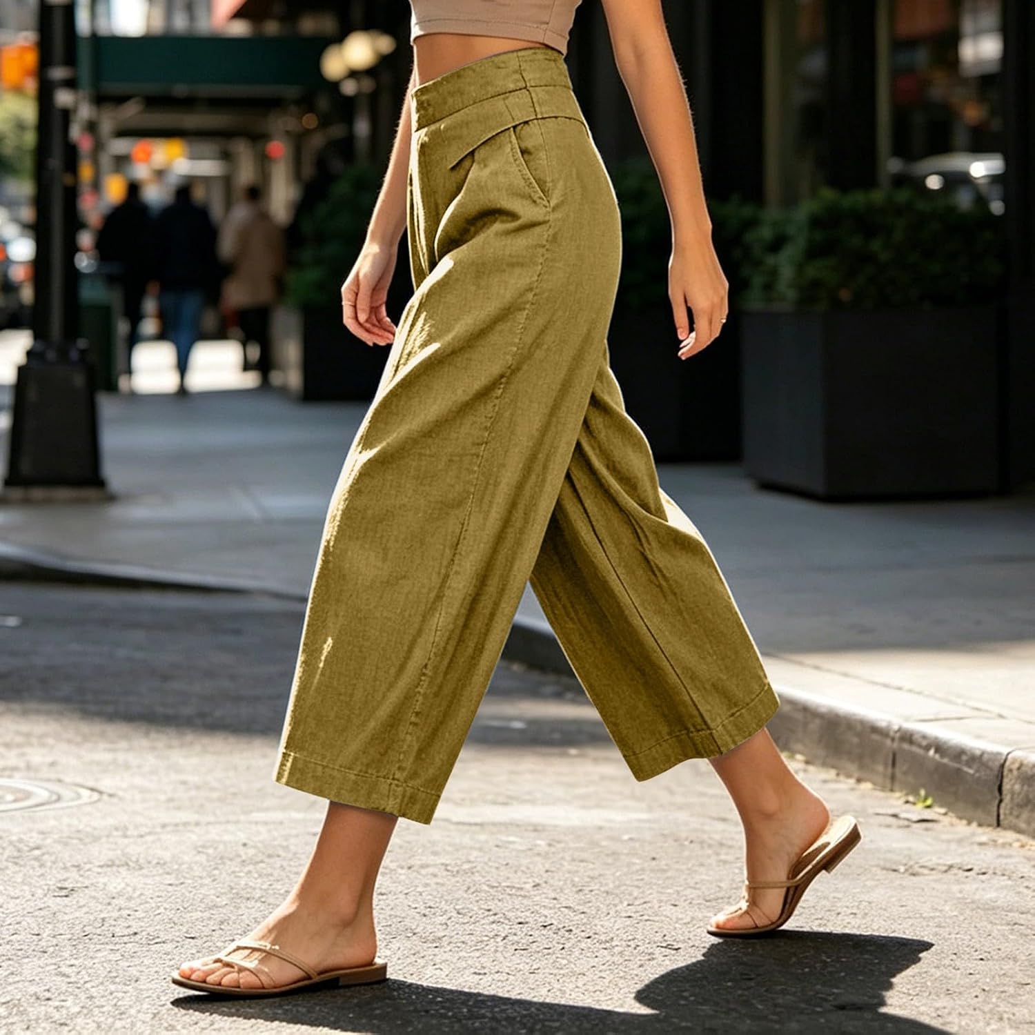 Womens Capris for Summer Cotton Linen Pants Casual Loose Comfy Trendy Elastic Waist Cropped Trouser Beach Clothes