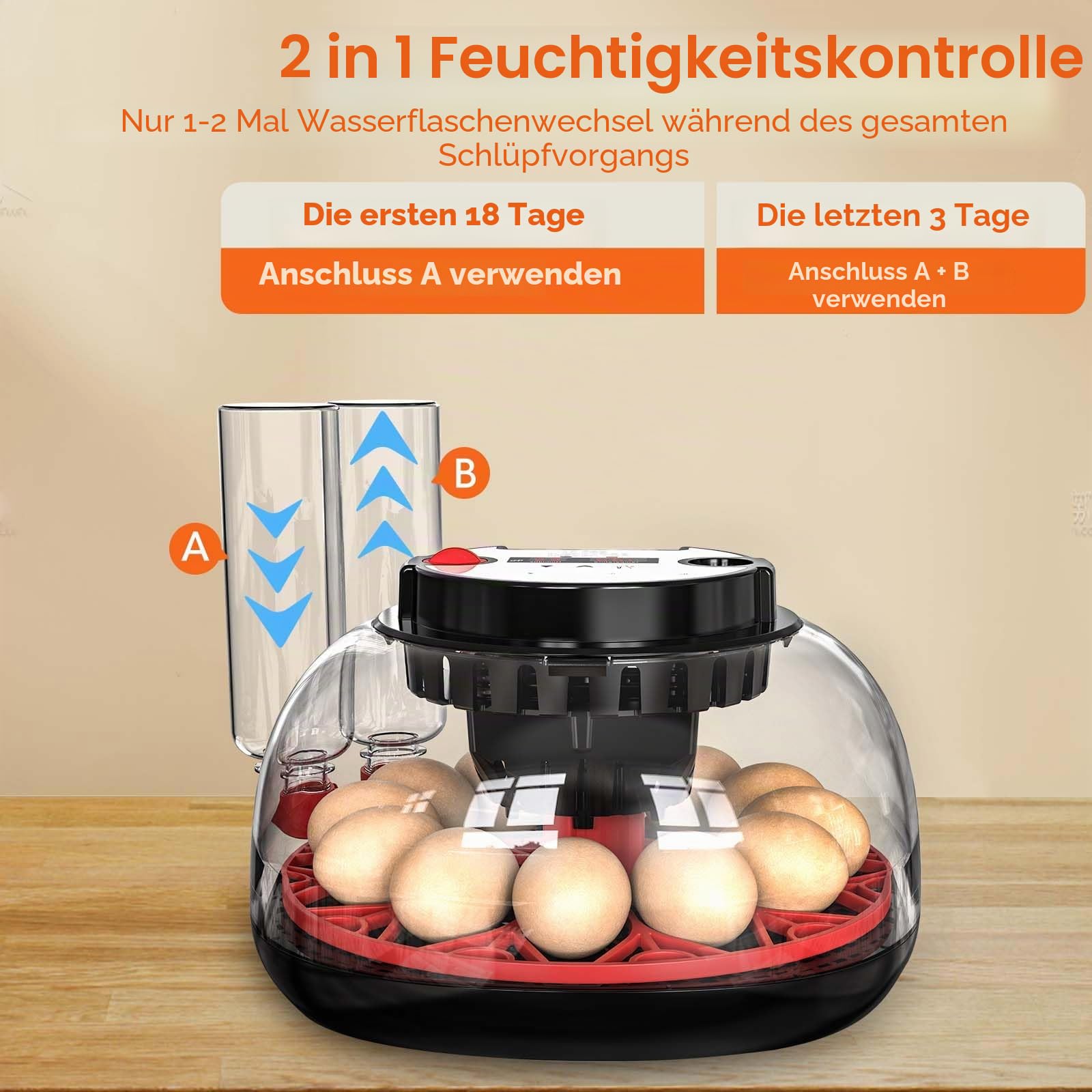 Brutautomat Vollautomatisch, Inkubator Hühner 12 Eier mit Automatische Wasserversorgung & Automatischer Eierwender, Temperatur Feuchtigkeitskontrolle, Eierdurchleuchter für Hühner, Enten & Wachteleier