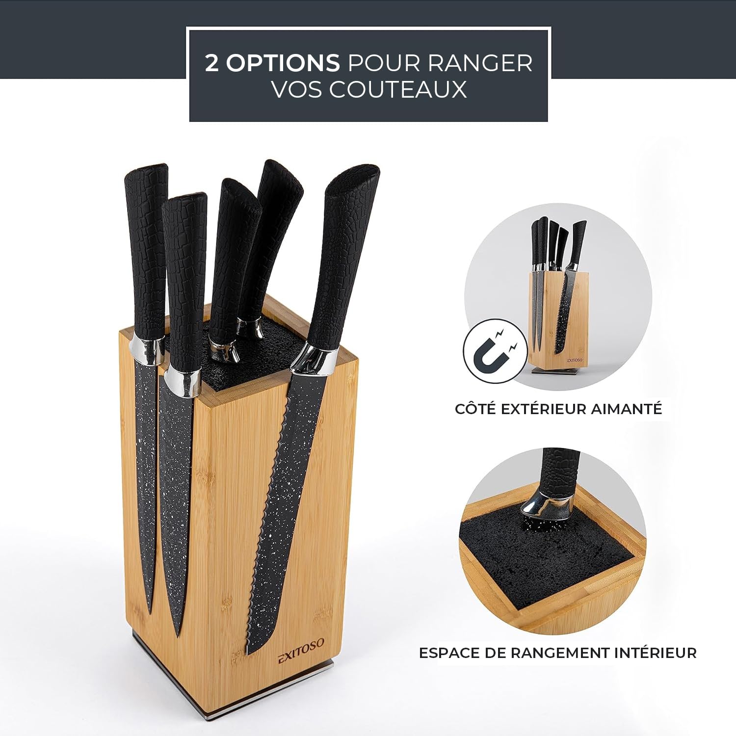 Exitoso NOUVEAU bloc à couteaux en bambou, rotatif à 360 degrés avec aimants à l'extérieur et insert en poils amovibles - espace pour jusqu'à 20 couteaux | rangement sécuritaire des couteaux