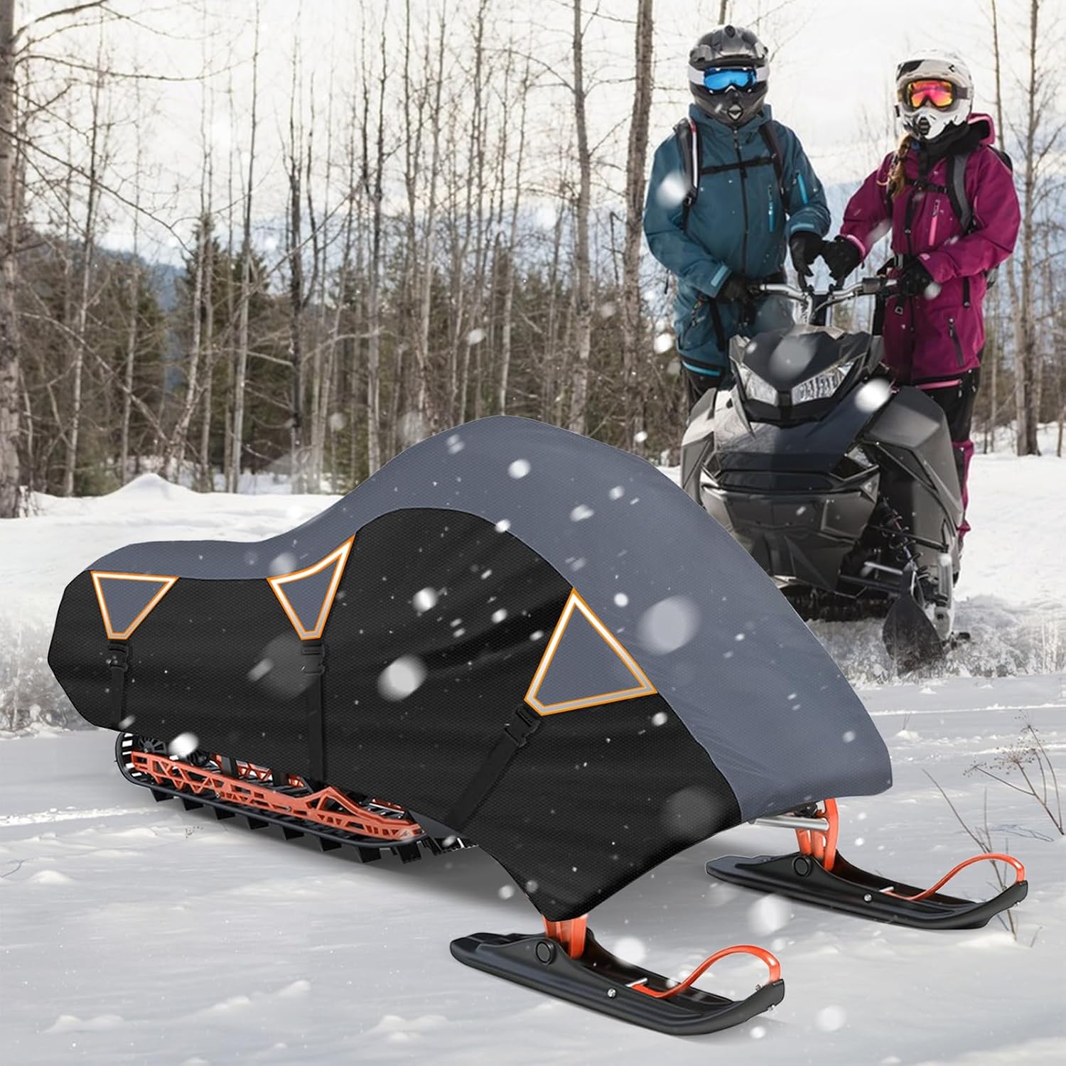 Snowmobile Cover, 300D Waterproof Oxford Fabric Sled Ski Cover, with Triangle Straps Reflective Strip, Elastic Bottom can Trailer, Fit Length 145"x 51"x 48" (XL Black&Grey)