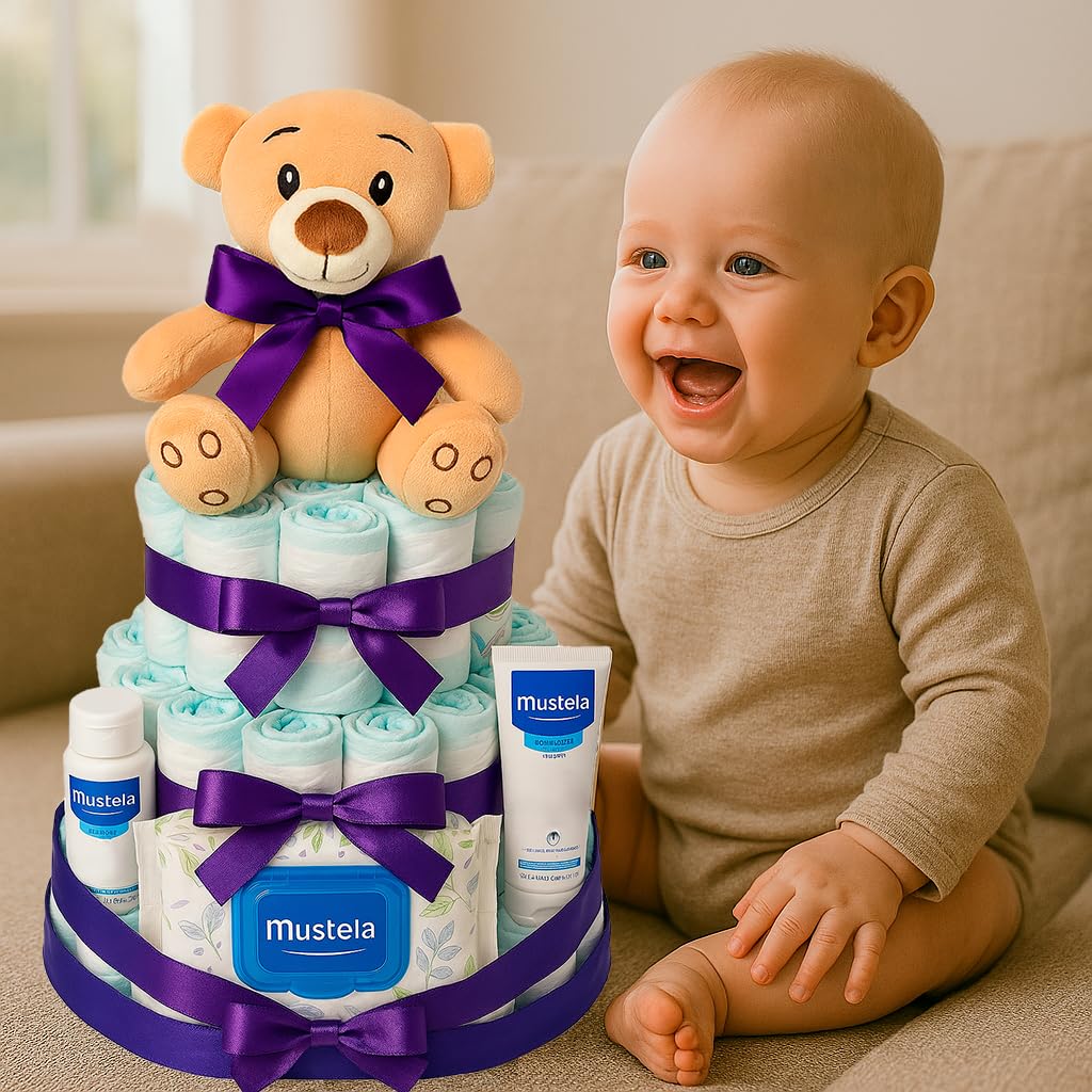 Tarta de Pañales Personalizable Regalos para Bebés Recién Nacidos Niño Niña Cesta de Regalo Canastilla Mustela Pack Higiene Bebé Talla 2 Accesorios para Bebé Regalos Mamás Baby Shower Original