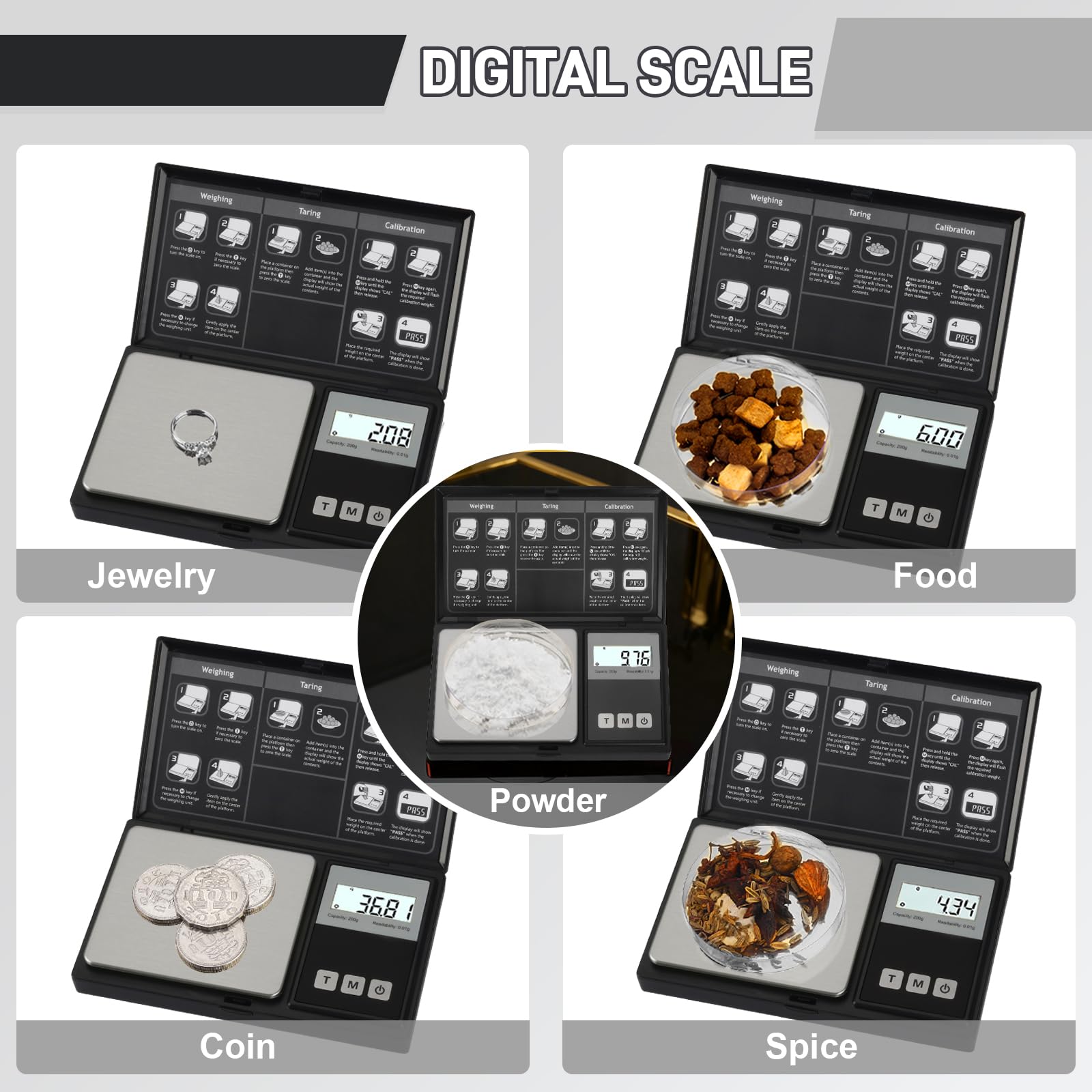 Balance numérique de poche 200 g Précision 0,01 g Mini balance numérique en grammes, petite balance alimentaire, pour bijoux, grains d'onces avec poids d'étalonnage de 100 g (Noir)