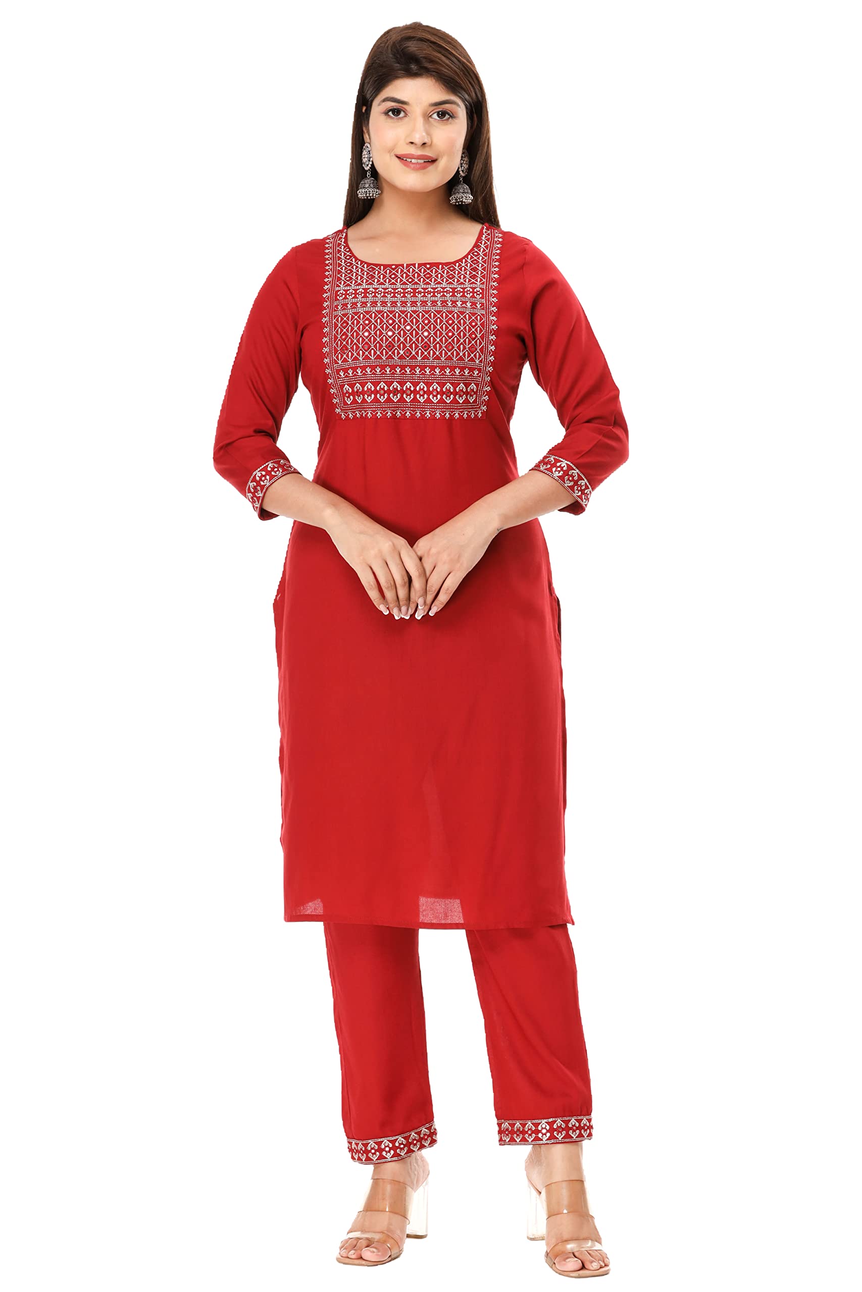 Vi VIHAAN IMPEXVihaan Impex Indian Red Kurta Embroidered Kurti With Pant Partywear Dress for Women