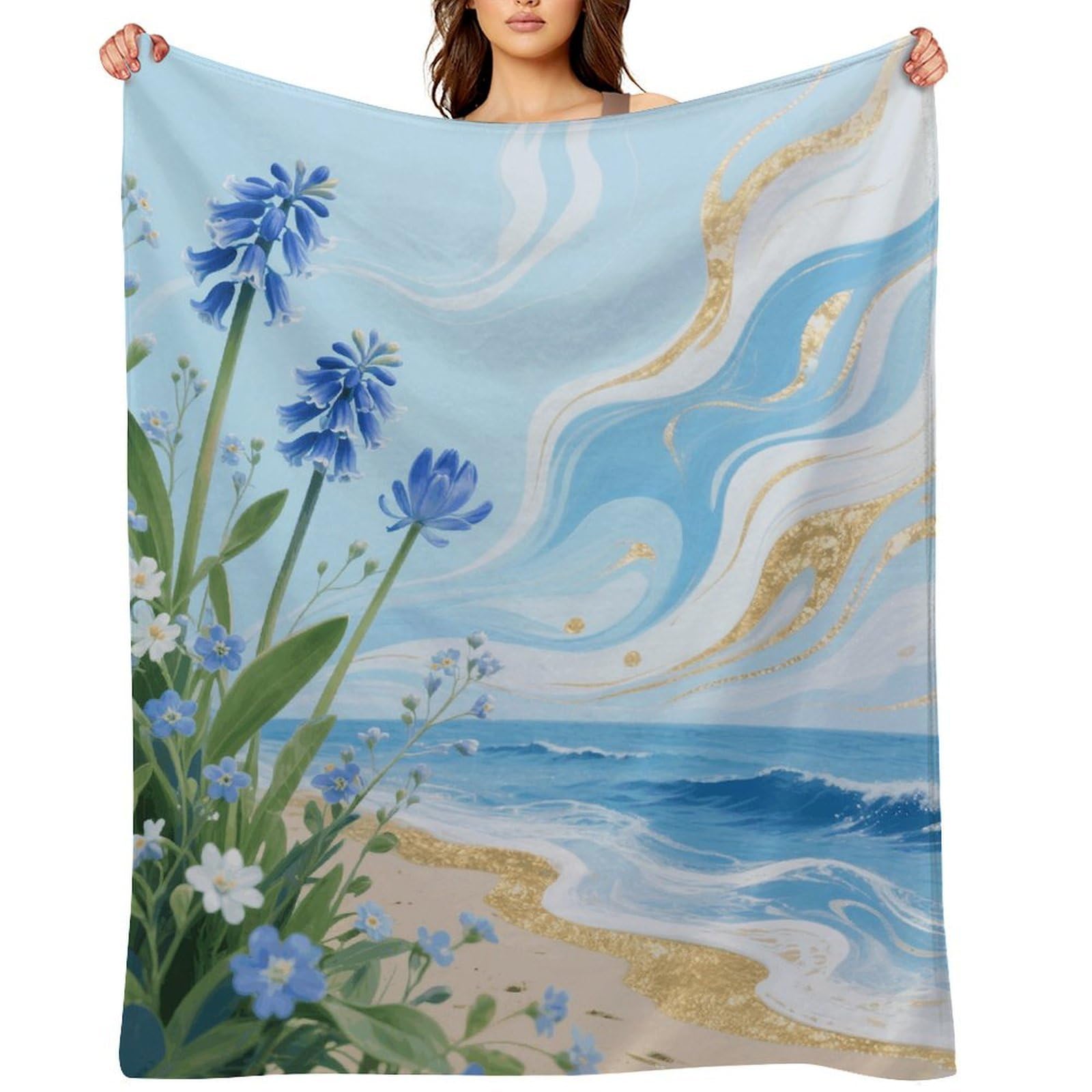 Hawaii Floral Blue Throw Blanket for Couch and Bed Super Soft Warm Lightweight Throw Blankets Cozy Fuzzy Flannel Blanket Personalized Decorative Blankets for Sofa Decor 30"x40"