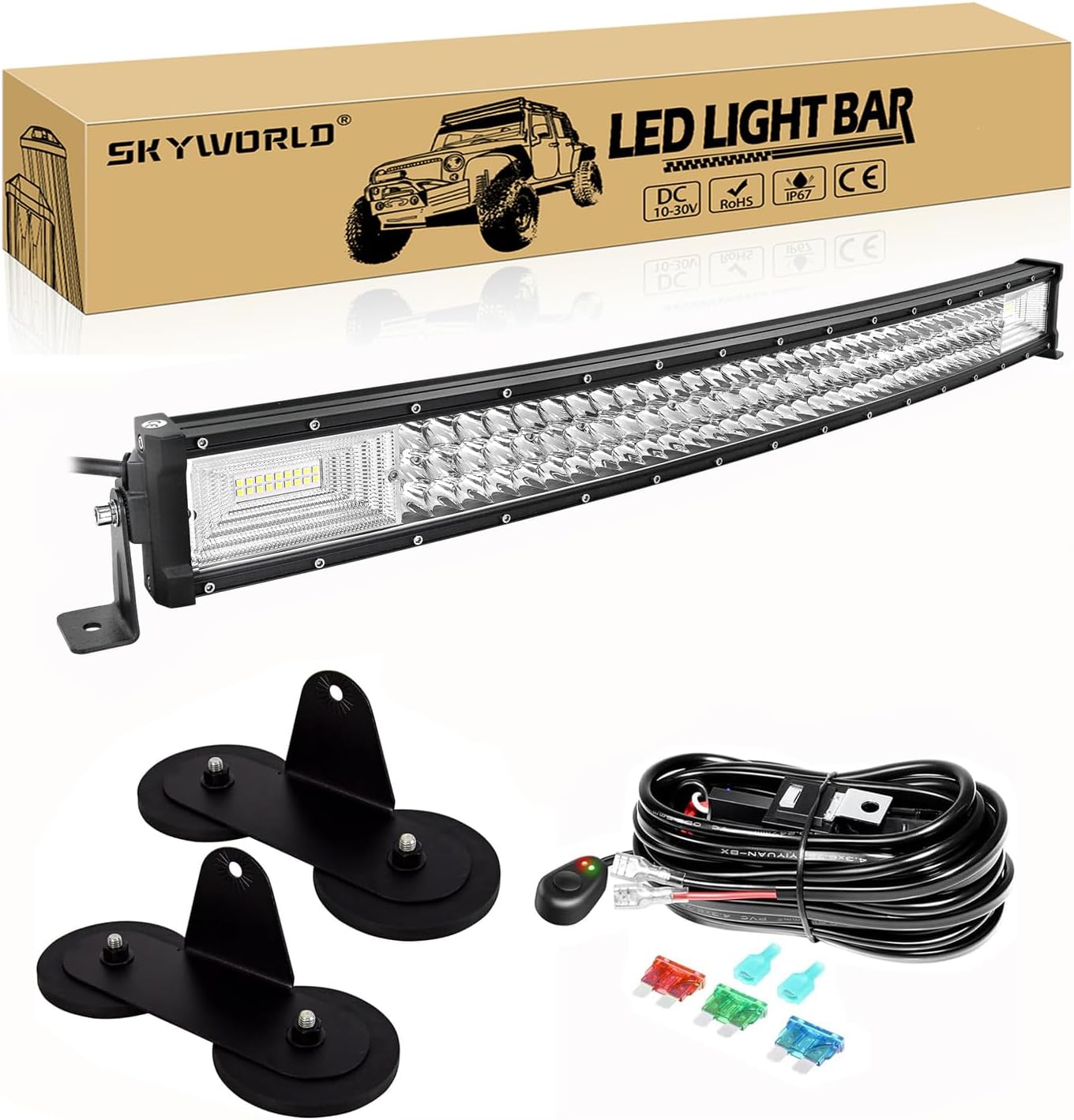 SKYWORLD 32" Curved Off Road LED Light Bar, 405W Triple Row Flood/Spot Combo Beam with 2 Magnetic Mounts & Wiring Harness Kit - 12V/24V for Trucks, SUVs, UTV, ATV, Tractors, Trailers, 6000K White