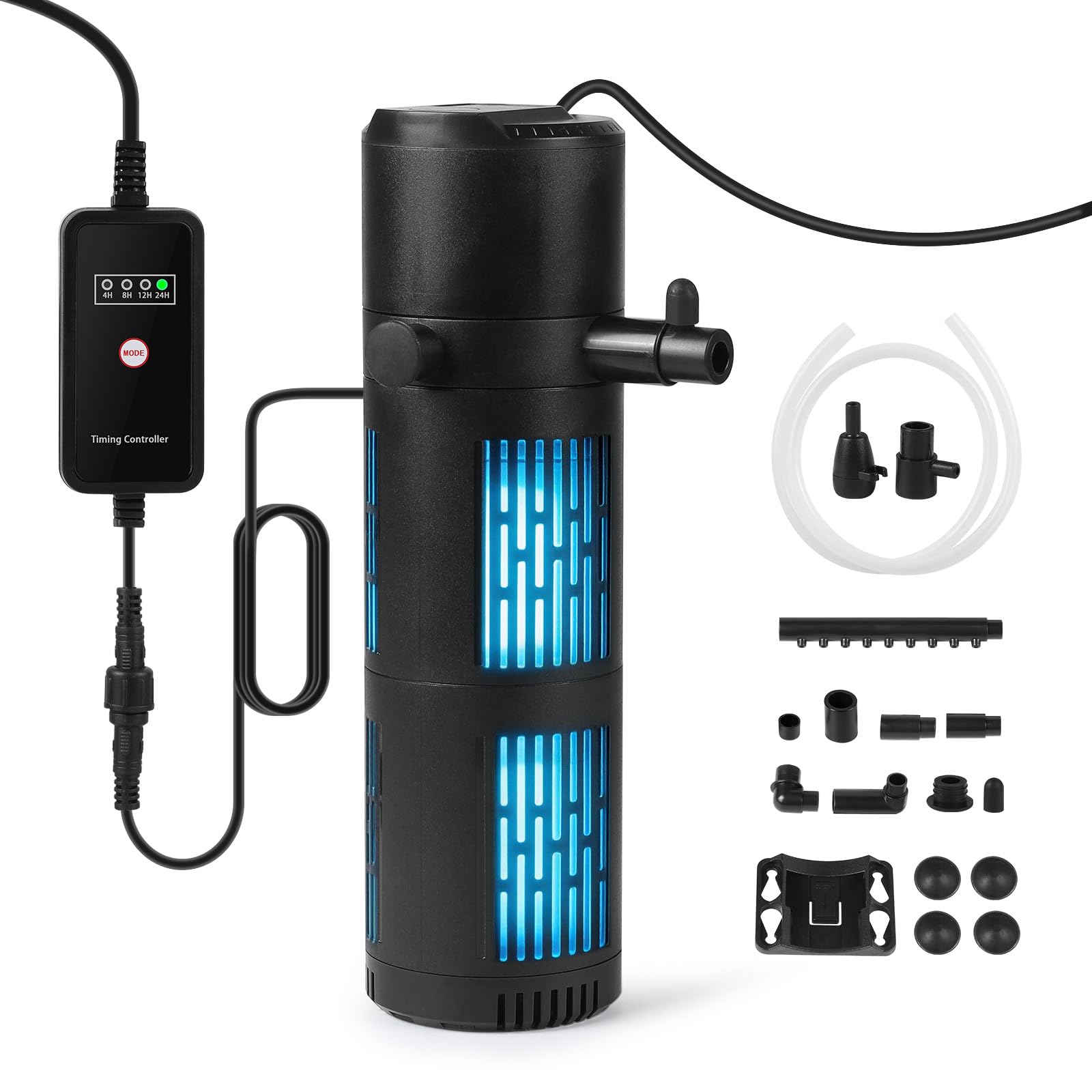 SWAWIS 5 in 1 Filtre Aquarium 1800L/H pour Aquariums de 180 à 600L | avec 8W UV Stérilisateur Lampe et Minuteur, Pompe Aquarium pour Filtration Aération Stérilisation