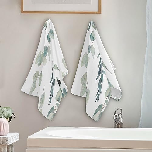 Miniatura 4 de Juego de 2 toallas de mano de hojas verdes para baño, toallas de baño de ramas de eucalipto verde azulado, suaves y absorbentes, toallas de cocina