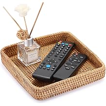 BTSKY Small Remote Basket for Coffee Table Entryway Living Room Rattan Serving Tray 8.1 x 8.1 Handwoven Wicker Baskets Decorative Tray for Wallet Remote Control Trinkets Rings Cosmetics Crackers