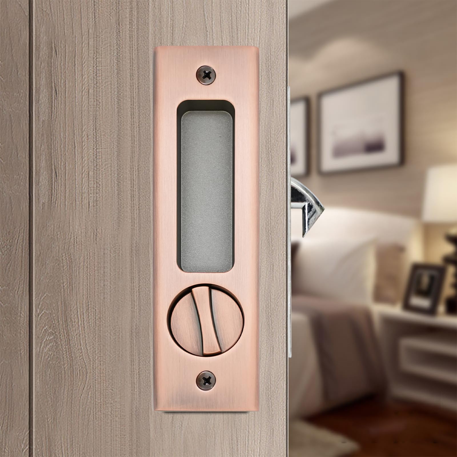 mvuenleyog Sliding Pocket Door Lock,Sliding Door Latch with Turn Knob for Interior Wooden Door,6.3in/160mm,Invisible Recessed Door Handle (Red Bronze)