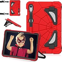for Samsung Galaxy Tab S10 Lite 5G/ S10 FE/ S9 FE/ S9/ S8/ S7 Case (10.9''/11''), Shockproof Drop Protective Cute Cover for Kids Boys w/Pencil Holder Stand Carrying Shoulder Strap, Red Black