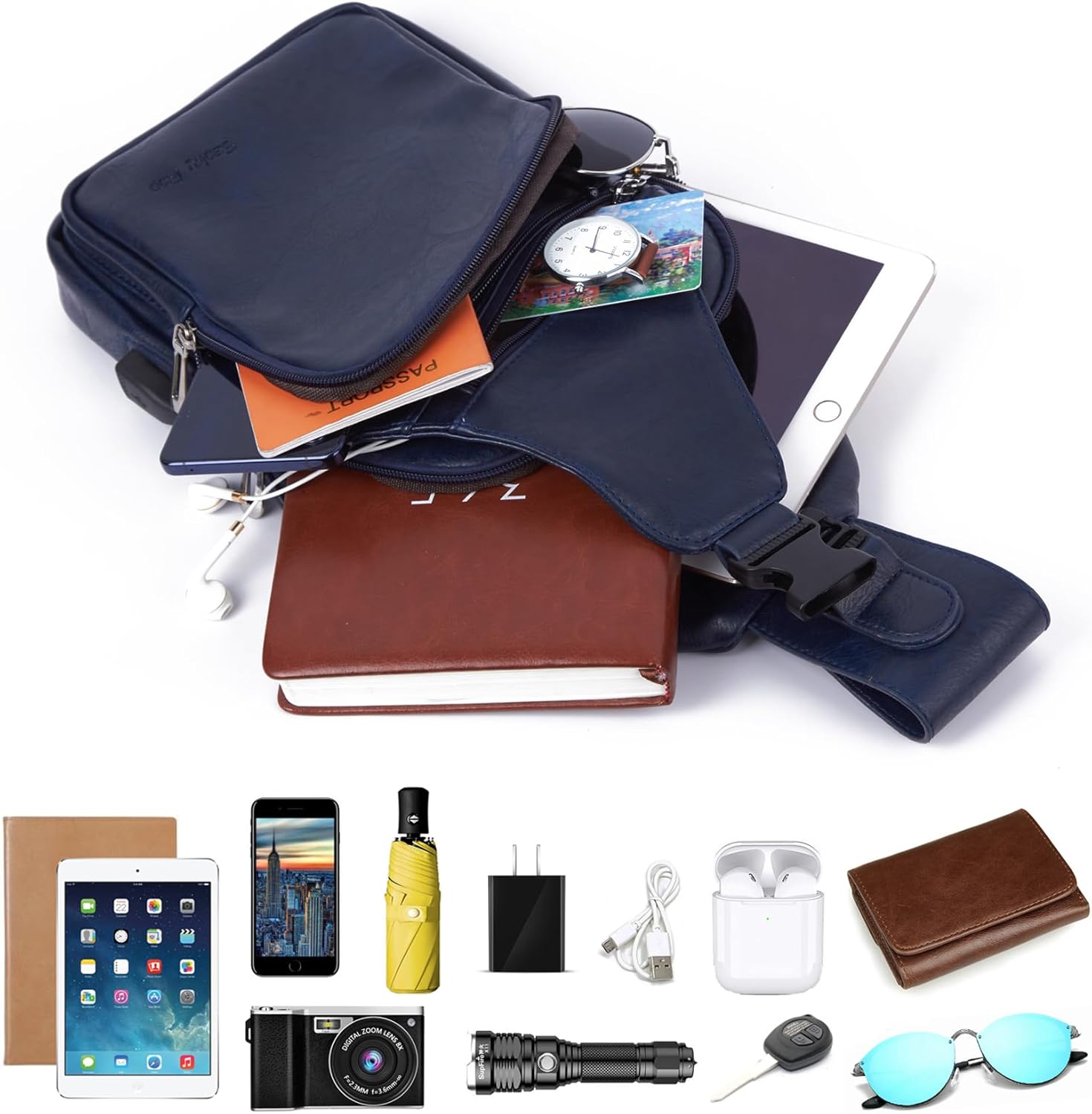 Seoky Rop Men's Sling Bag Lightweight Waterproof Chest Shoulder Crossbody Bag with USB Charging Port Blue - Image 4