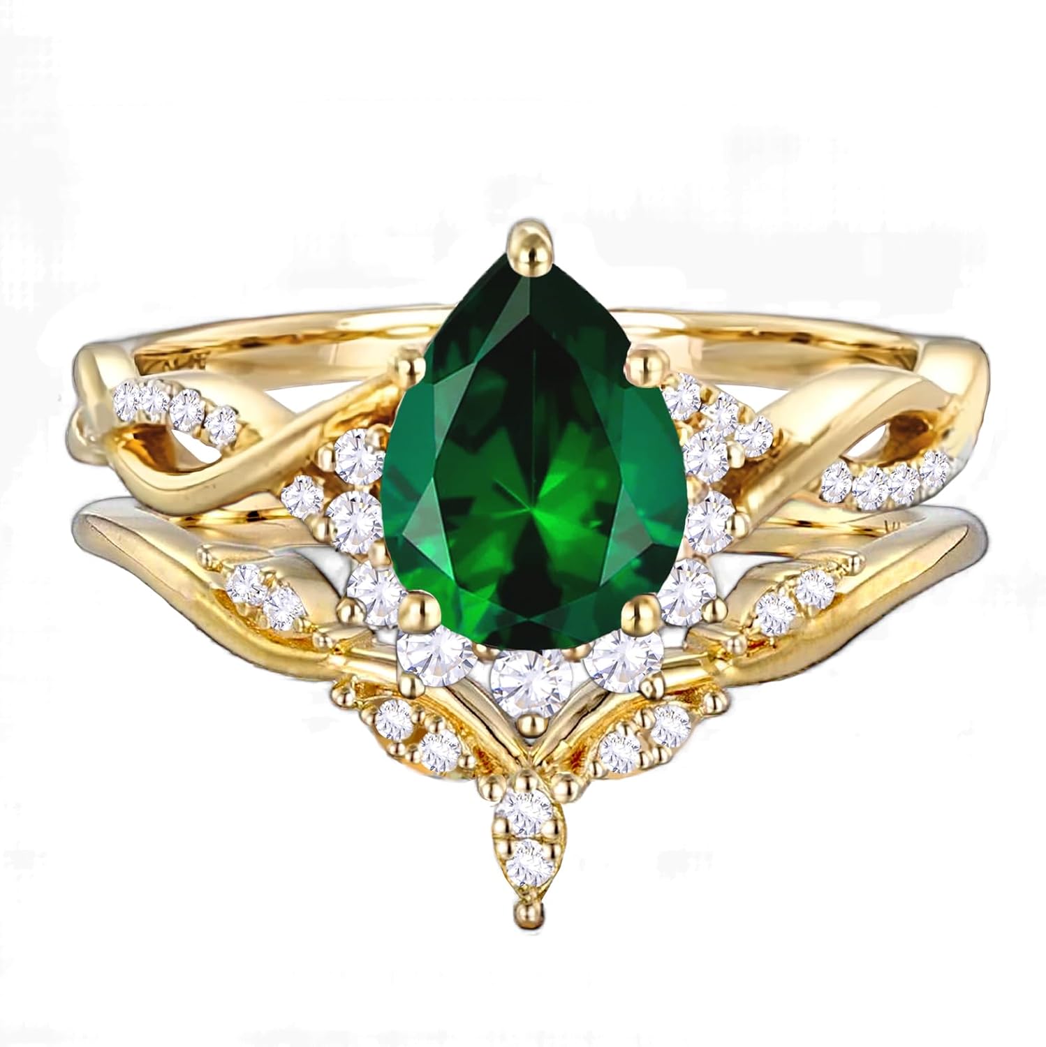 10K/14K/18K Gold 1 Carat Pear Cut Gemstone Vintage Engagement Rings Set for Women Birthstone Art Deco Engraved Bridal Wedding Promise Ring Sets for Her Wife Size 4~12