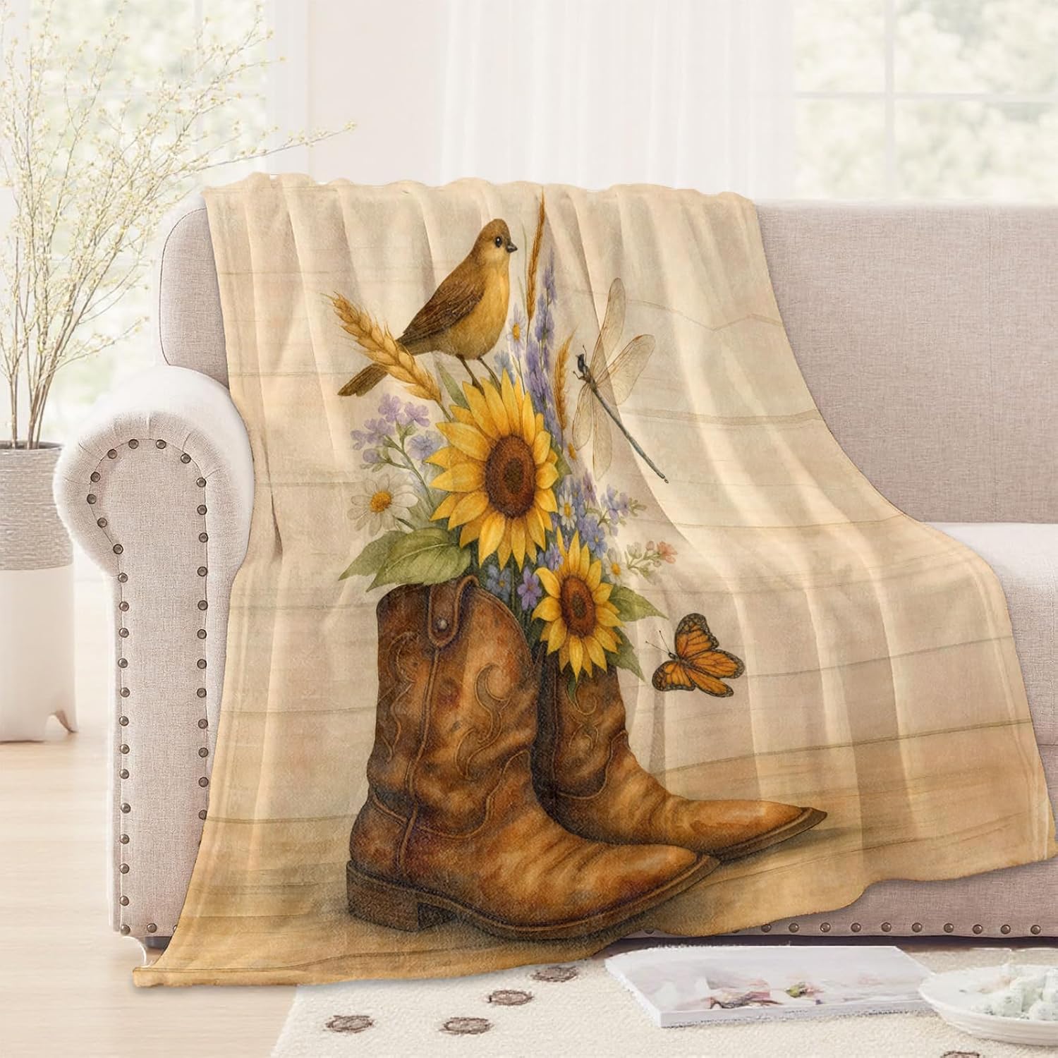 Rustic Sunflower Cowboy Boot Blanket,60x80in,Flannel Throw with Country Western Style Bird Dragonfly Butterfly Design,Soft Lightweight Gifts Blankets for Women,Sofa Bed Travel Farmhouse Decor