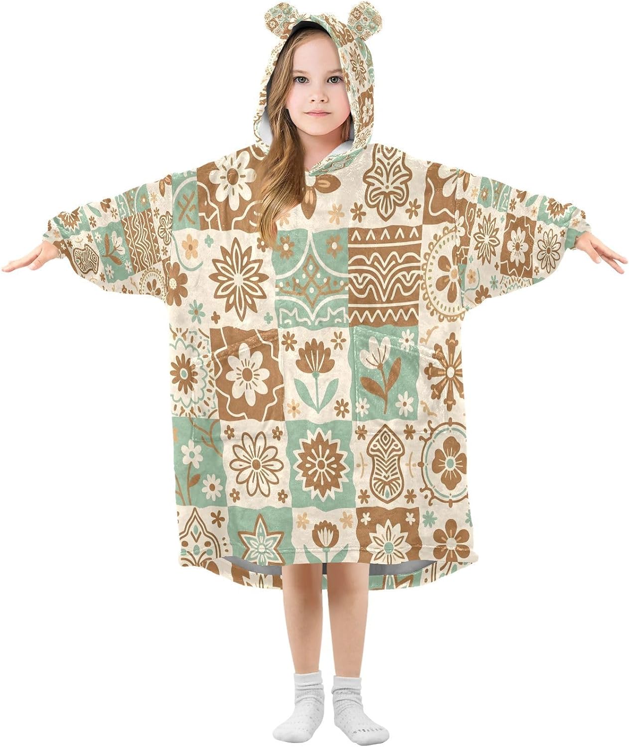 Kigai Boho Pattern Wearable Blanket Hoodie for Kids Oversized Hooded Blanket Warm & Cozy Sweatshirt with Pockets