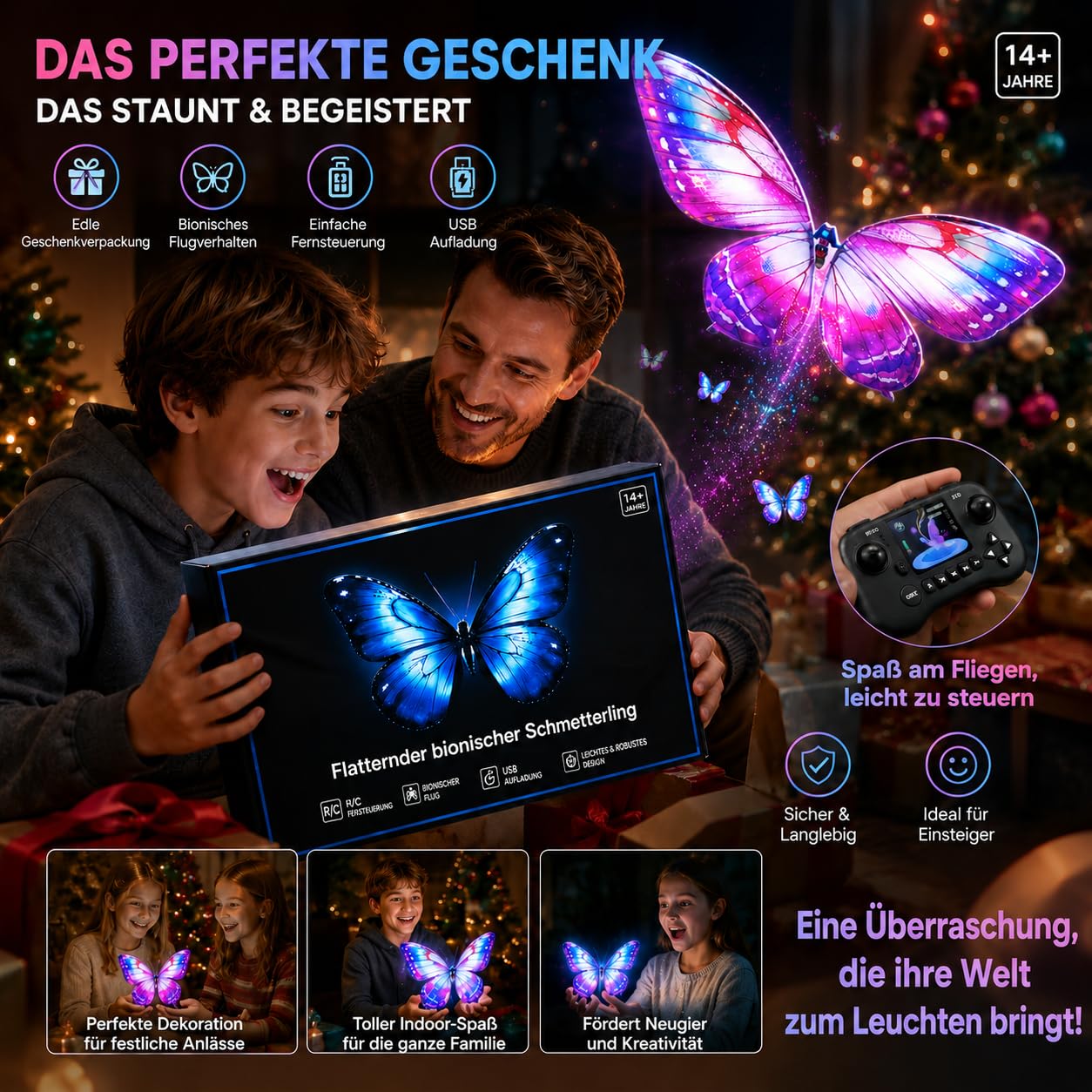 RC Bionic Butterfly Ornithopter Drohne mit Sensorunterstützung LED Beleuchtung batteriebetrieben Bunte Schmetterlingsflügel lustiges Flugspielzeug für drinnen und draußen Geschenk(Purple)