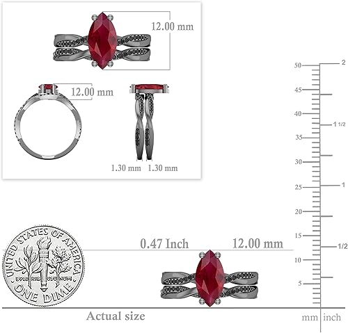 Miniatura 5 de Dazzlingrock Collection Juego de anillos nupciales de diamantes negros redondos y piedras preciosas marquesas creadas en laboratorio de 0.472 x