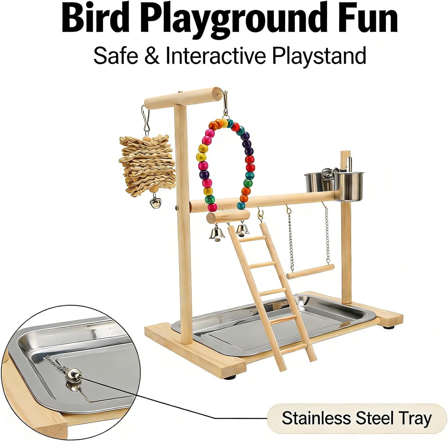 Bird Playground Wood Parrot Playstand with Feeding Cups, Safe Bite Proof Pine Stand 23 x 36 x 41cm - Removable Stainless Steel Tray, Activity Gym for Birds and Parrots
