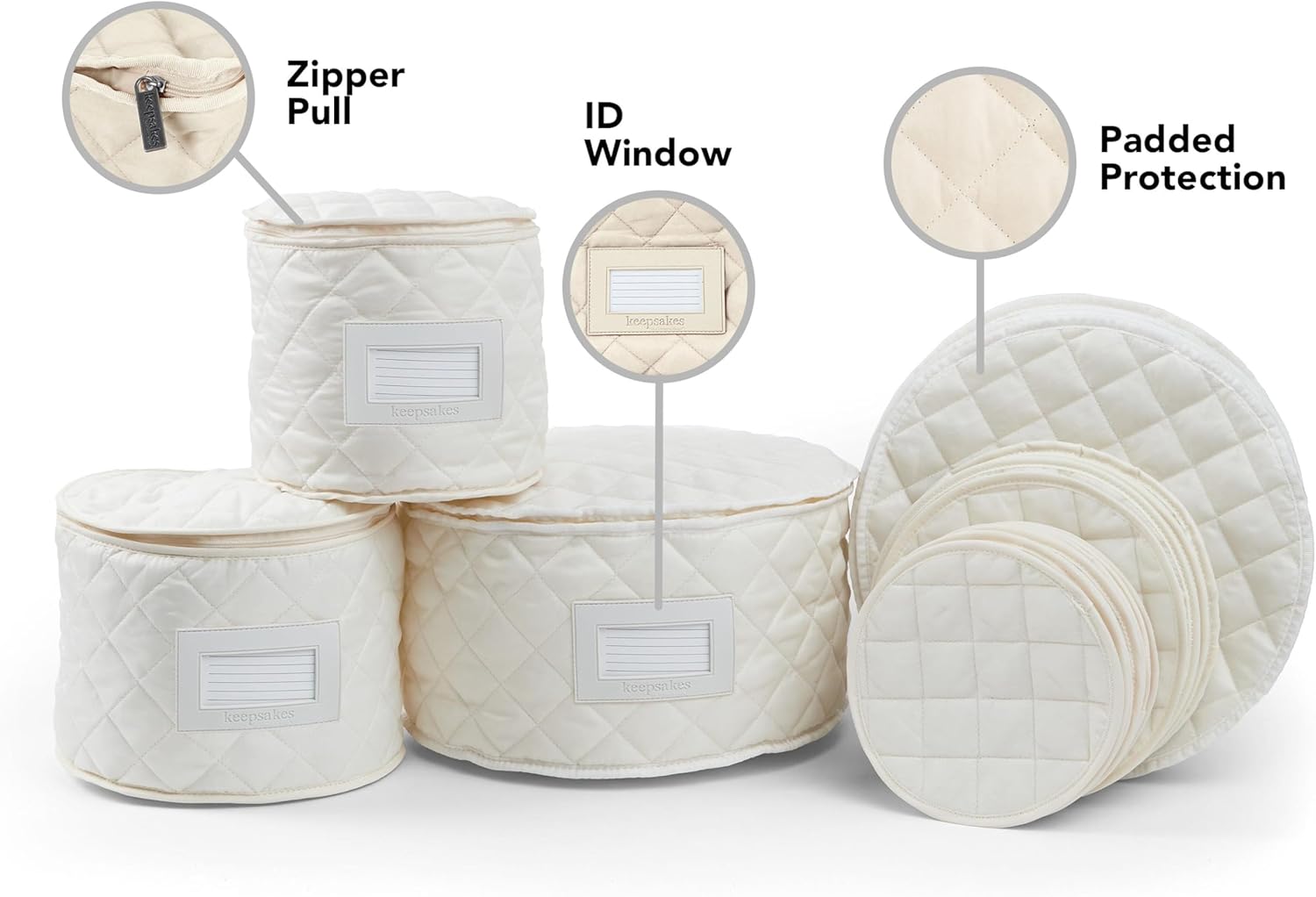 Covermates Keepsakes Dish Storage Set – Padded China & Dinnerware Storage Cases with Dividers, Cup & Stemware Storage, Quilted Polyester Protection, ID Window, Cream
