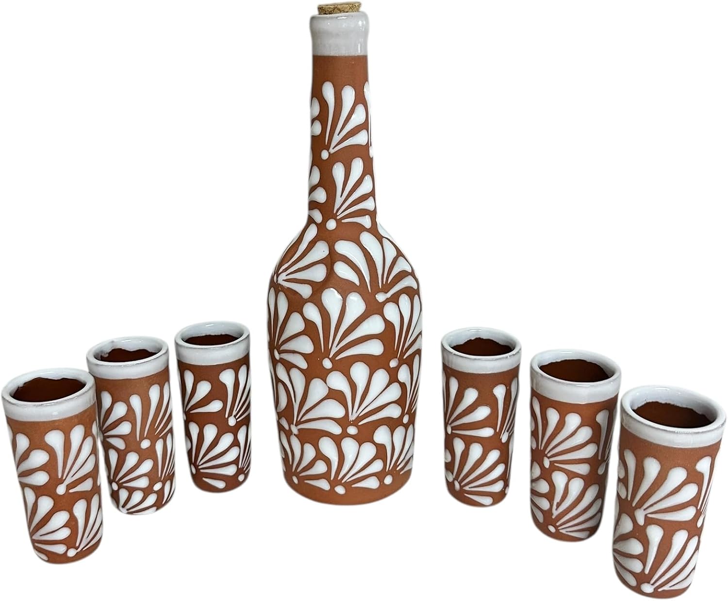 Mexican Clay Decanter Set with 6 Tall Tequileros – 7-Piece Hand-Painted Talavera Style Barro Shot Glass Set