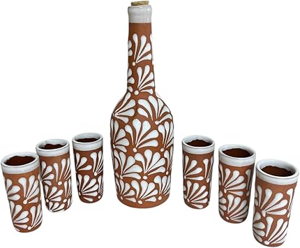 Mexican Clay Decanter Set with 6 Tall Tequileros 7-Piece Hand-Painted Talavera Style Barro Shot Glass Set