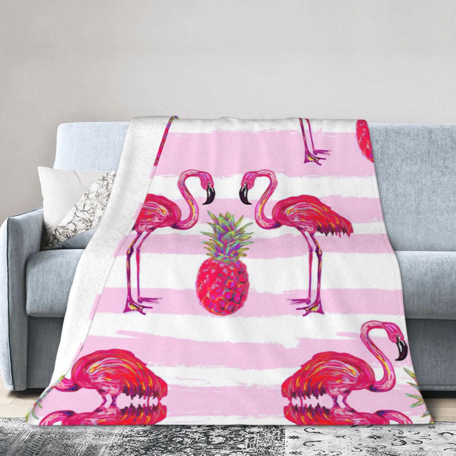 Uusnwaa Soft Cosy Fleece Warm Throw Summer Tropical Flamingo And Pineapple Print Blanket