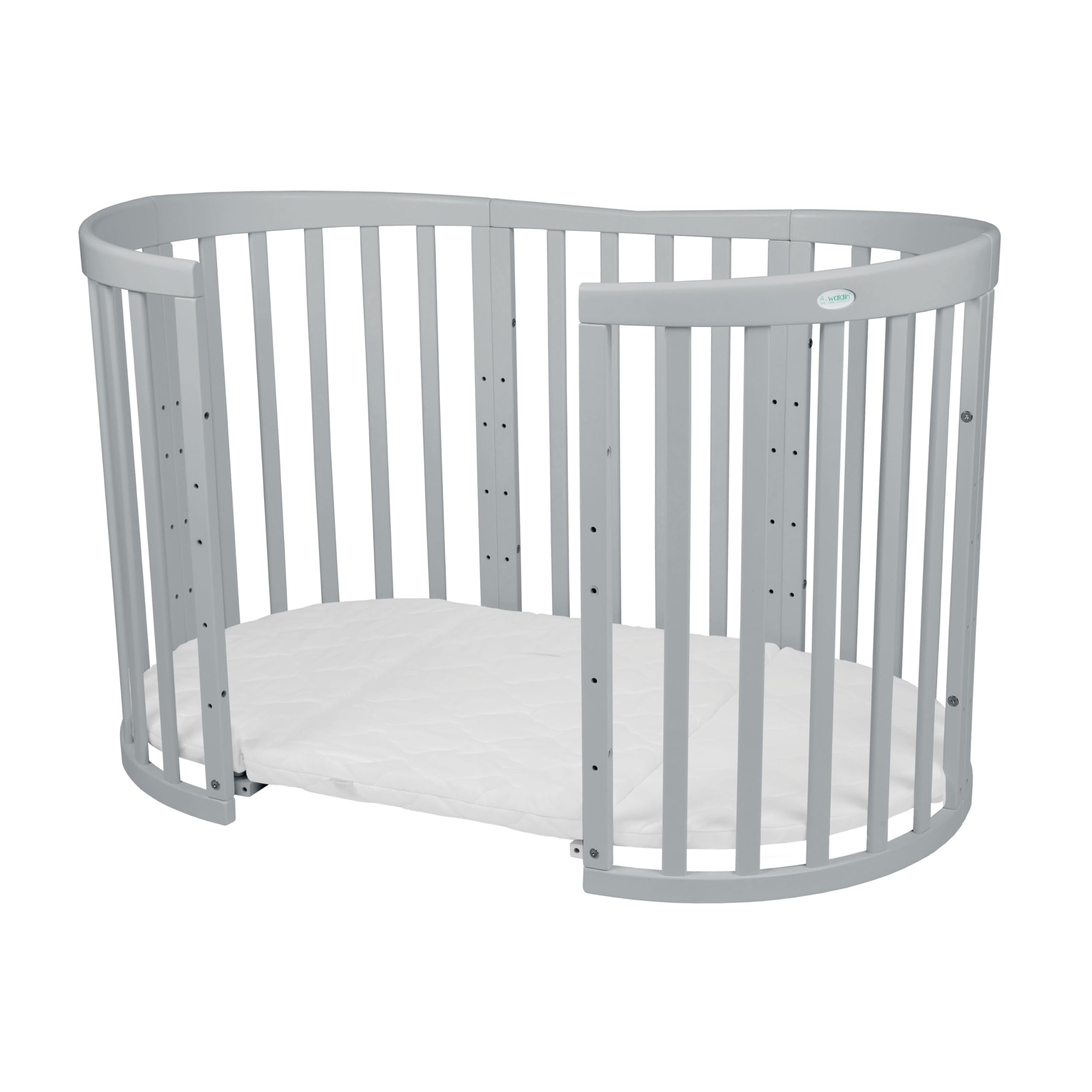waldin Babybett Oval 7in1, Matratze, Rollen, Regal, Grau | Ohne Stoffset, Mitwachsend, Beistellbett aus Holz, Wiege optional