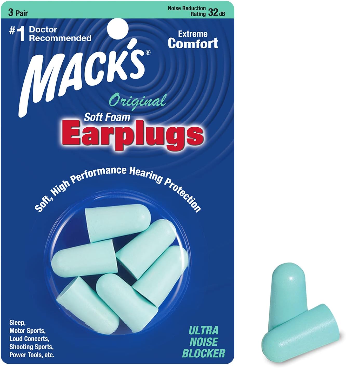 Mack's Original Soft Foam Earplugs, 3 Pair 32dB Highest