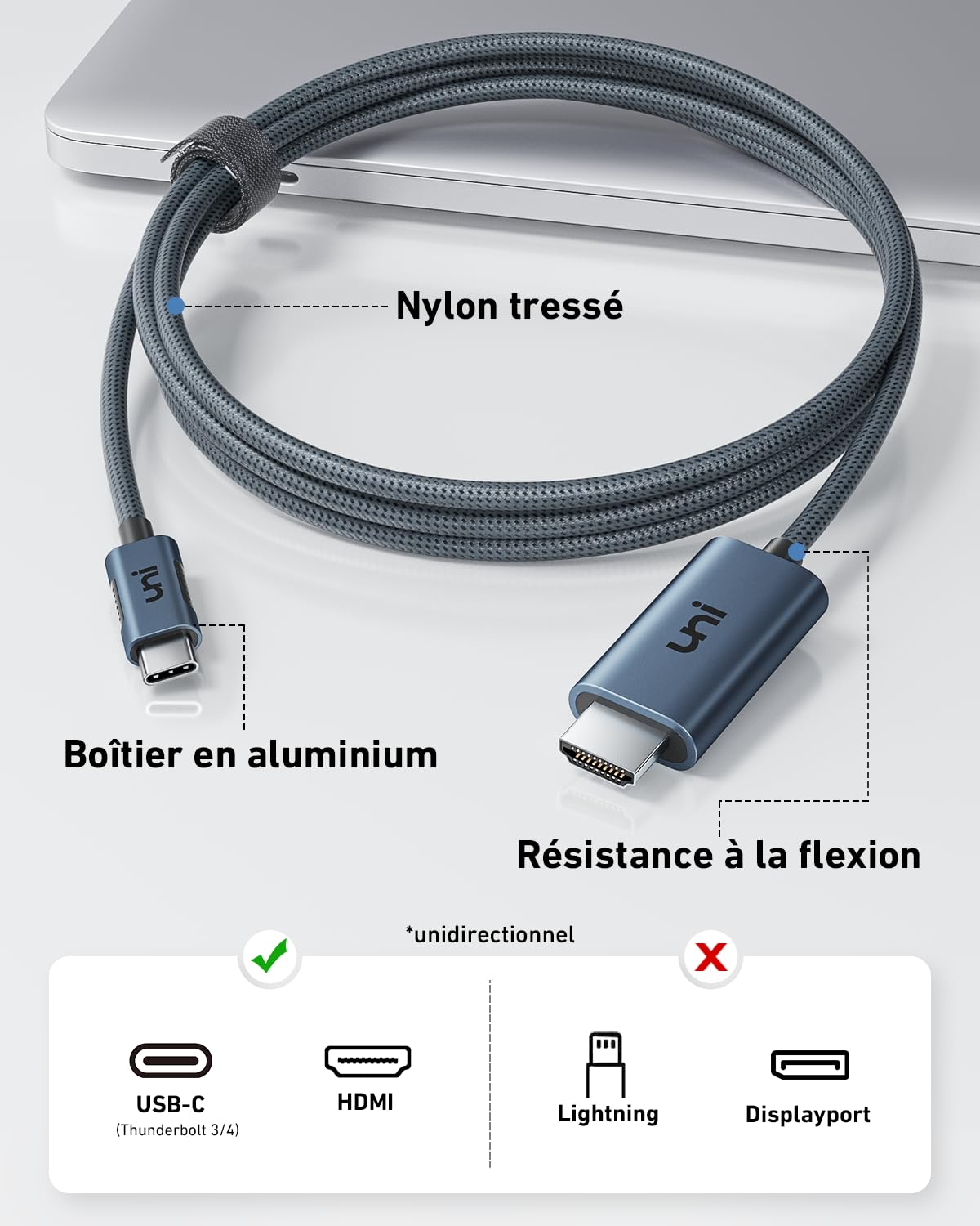 Uni Câble USB C vers HDMI 2.1 [8K@60Hz, 4K@144Hz] 1.8m, câble Thunderbolt 4 vers HDMI avec HDCP 2.3, pour TV/moniteur HDR, iPhone 15 Pro Max, Mac Studio, MacBook Pro/Air, iPad Pro, Livre Surface 3