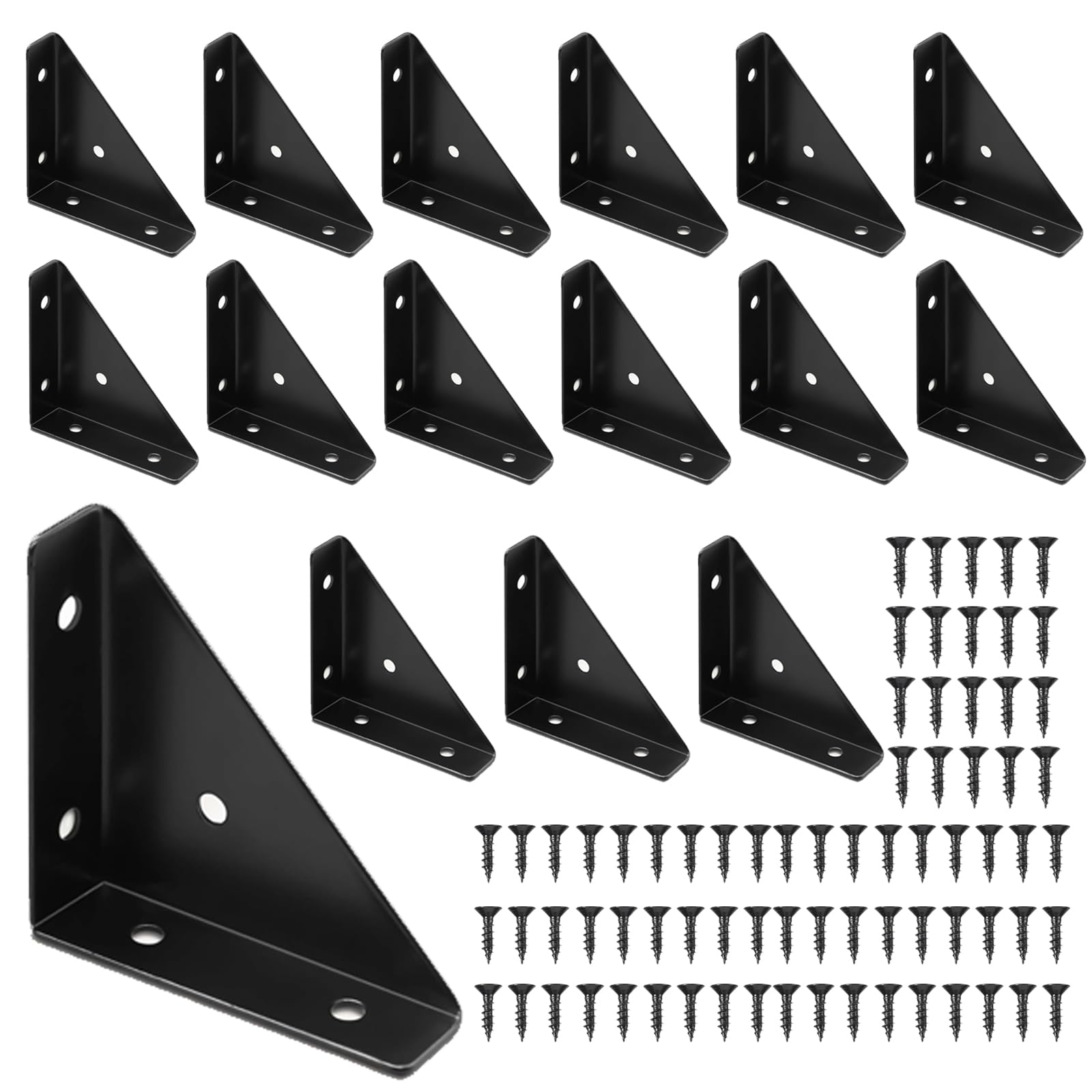16 Piezas Escuadras Para Madera, Escuadras para Estanterias con 80 Tornillos Escuadras Metalicas Soporte Balda Conector en ángulo 90 Grados Negro áNgulo de Acero para Muebles de Madera