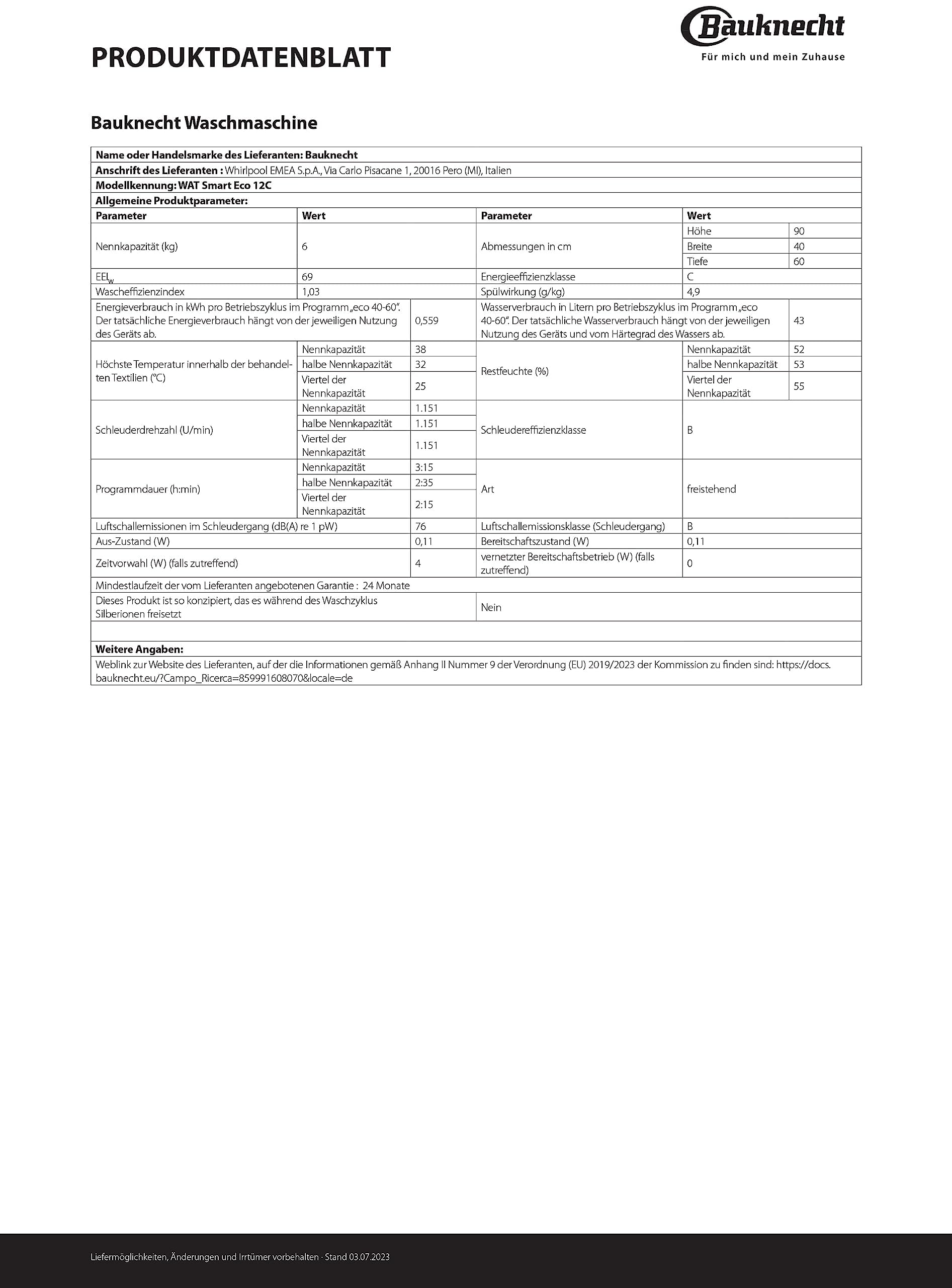 Bauknecht WAT Smart Eco 12C Toplader-Waschmaschine/6 kg/1200 UpM/Kurz30'/FreshFinish/Intensivspülen/Mehrfachwasserschutz+/Energy Saver/Wolleprogramm/Startzeitvorwahl/Universal