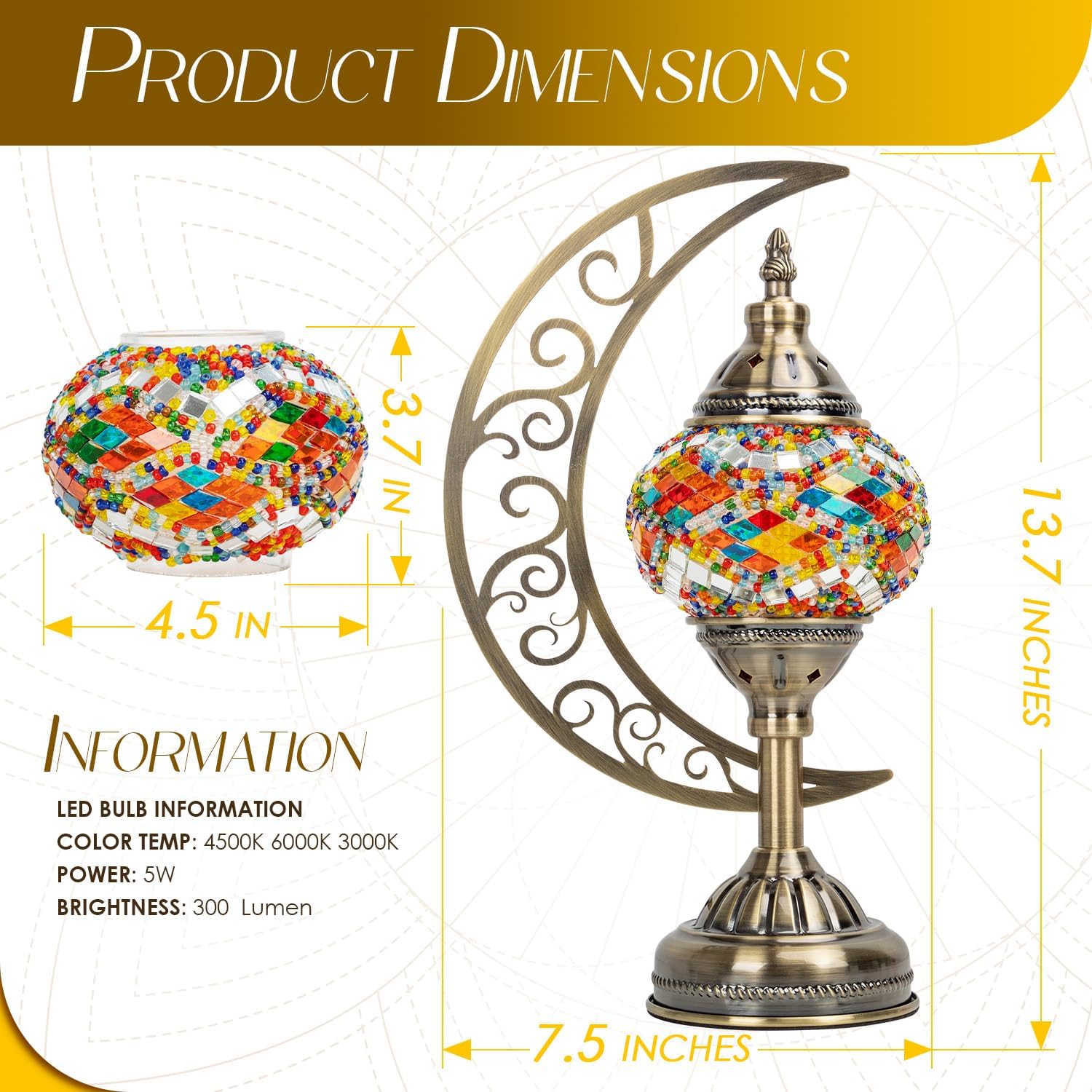 Soilsiu Turkish Mosaic Lamp with Moon - 3 Color Tempertures Bedside Lamp for Bedroom with Moon Shaped, Moroccan Glass and Bronze Base, Night Light Decor, Includes LED Bulb (Color1)