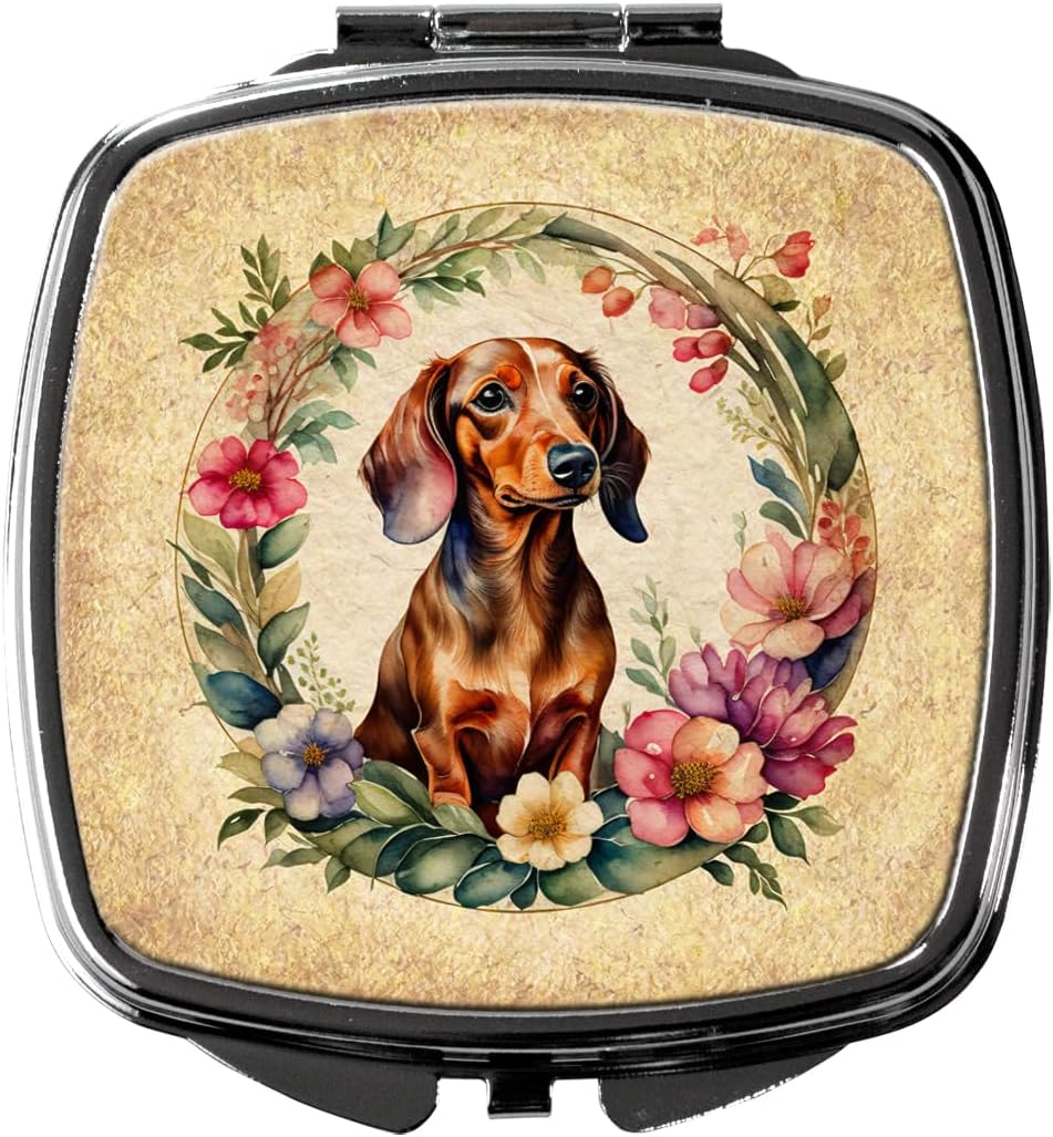 Caroline's Treasures Dachshund and Flowers Compact Mirror Decorative Travel Makeup Mirror for Women Girls Gifts Pocket Makeup Mirror Folding Handheld
