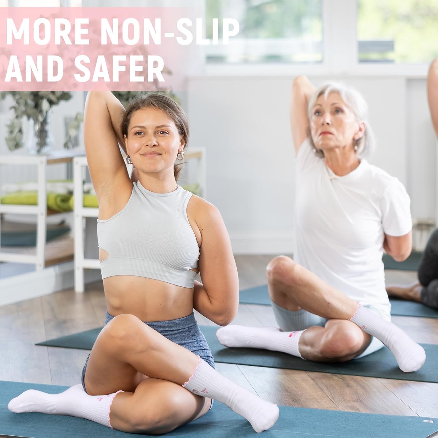 5 Pairs Cute Pilates Socks with Grip for Women Cotton Non Skid Coquette Bow Cherry Ruffle Yoga Crew Workout Socks - Image 2