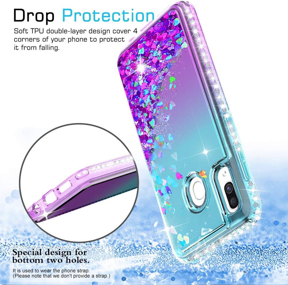 LeYi Compatible with Samsung Galaxy A20 Case, Galaxy A30 Case with 2PCS Tempered Glass Screen Protector for Girls Women, Glitter Clear Phone Case for Samsung A30/ A20 Teal/Purple