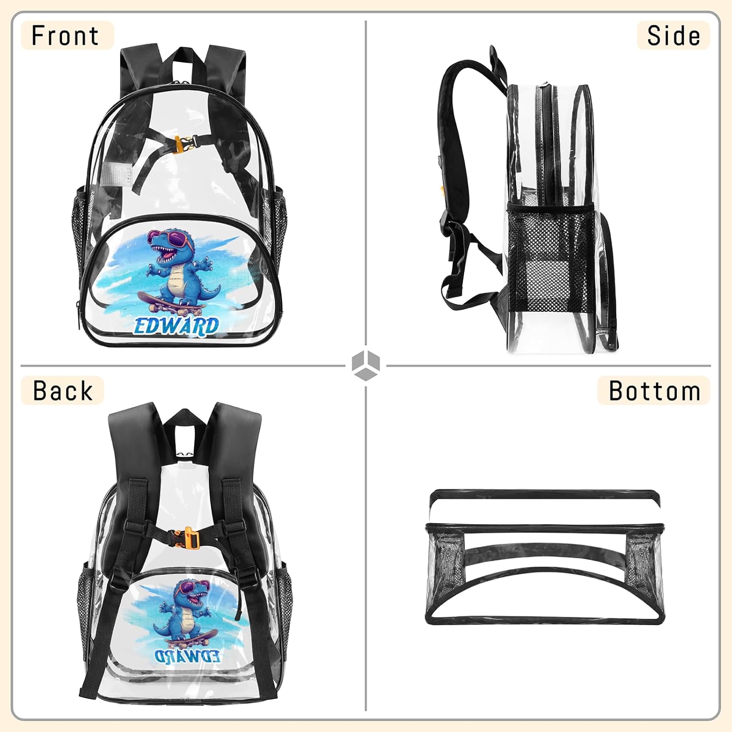 Clear Bookbag with Name, Personalized Blue Dinosaur Transparent Black Backpack, Custom See Through Travel Sport Plastic Back Pack PVC with Reinforced Strap, Waterproof