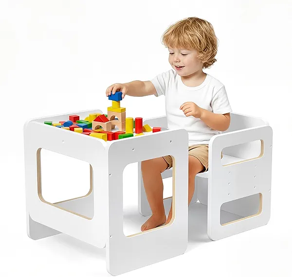 Tilhumt Toddler Table and Chair Set, Montessori Weaning Table and Chair Set for 1-3 Age Kids, 3 Adjustable Height Chair & Activity Table with Fence, Step Stool for Eating, Play, Drawing, Learning