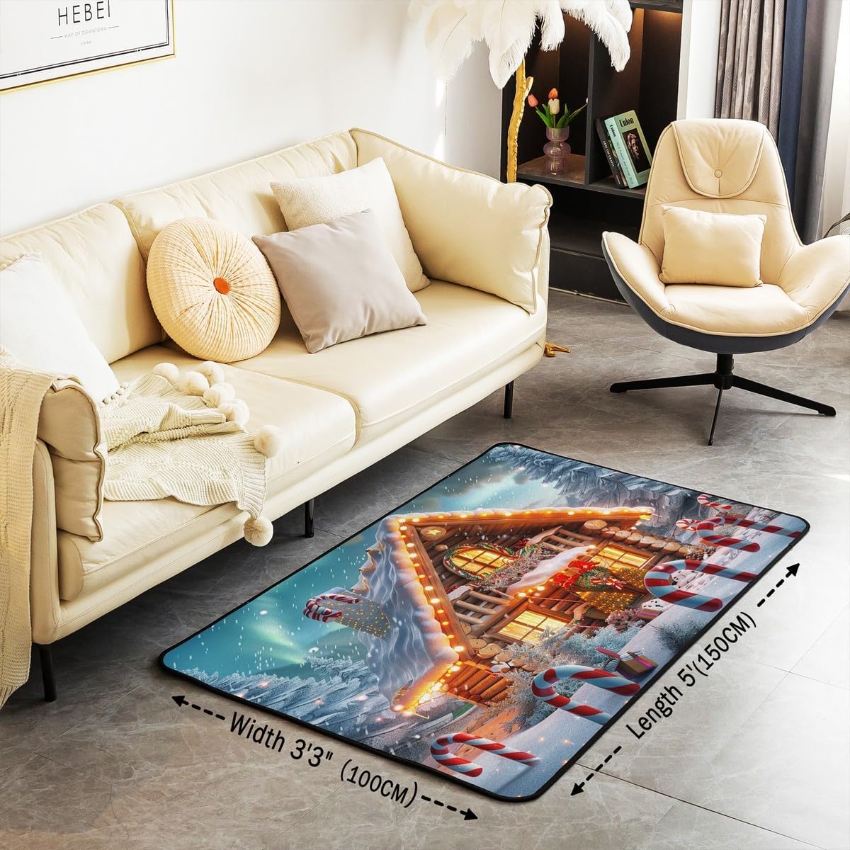 Erosebridal Cartoon Xmas Eve Carpet 3x5, Merry Christmas House Area Rug, Xmas Cane Winter Ornament Indoor Floor Mat, Snowflake Warm Lights Living Room Rugs for Dining Room Under Table for Kids Boys