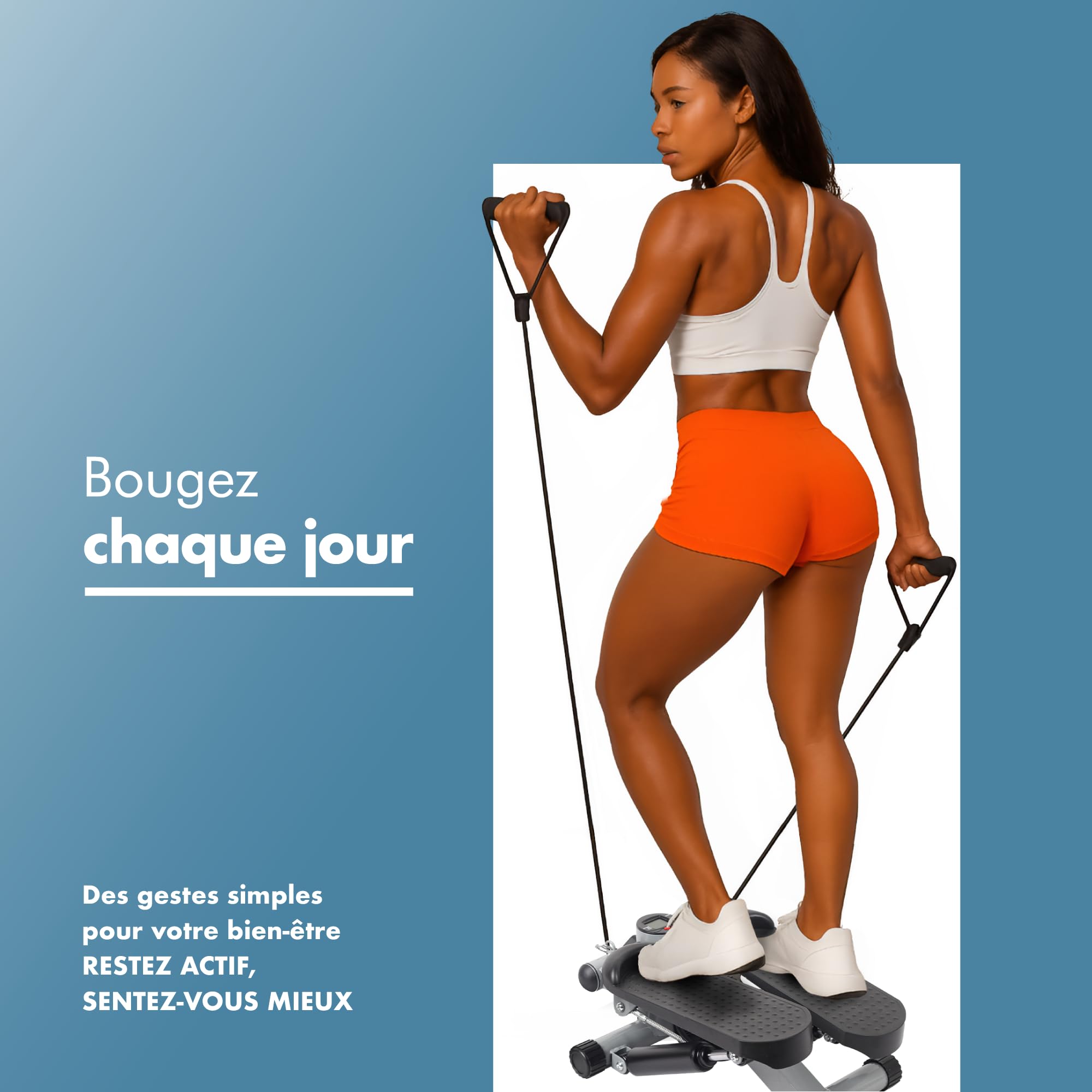 PORTENTUM Mini Stepper Fitness Appartement avec Bandes de résistance et écran LCD 5 Fonctions — escalier Sport Maison 3-en-1 pour Jambes, fessiers et Bras — Intensité réglable — Compact