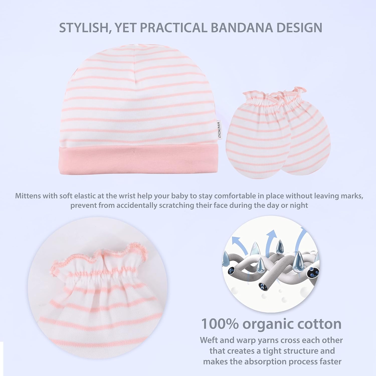 DOKMA - Organic Cotton Baby Mittens and Caps Set with Cute Bunny Design for Newborn 0-12 Months - Ultra Soft, No Scratch - 5 Caps x 3 Mittens - Image 3