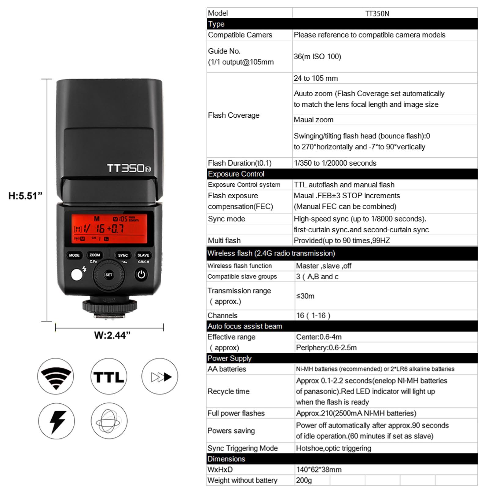 Godox TT350N Flash pour Appareils Photo Nikon, 2.4G TTL Compact Flash Speedlite HSS 1/8000S, Fonction Maître et Esclave, Environ 210 Flashs à Pleine Puissance, Externe Flash pour Appareil Photo Nikon
