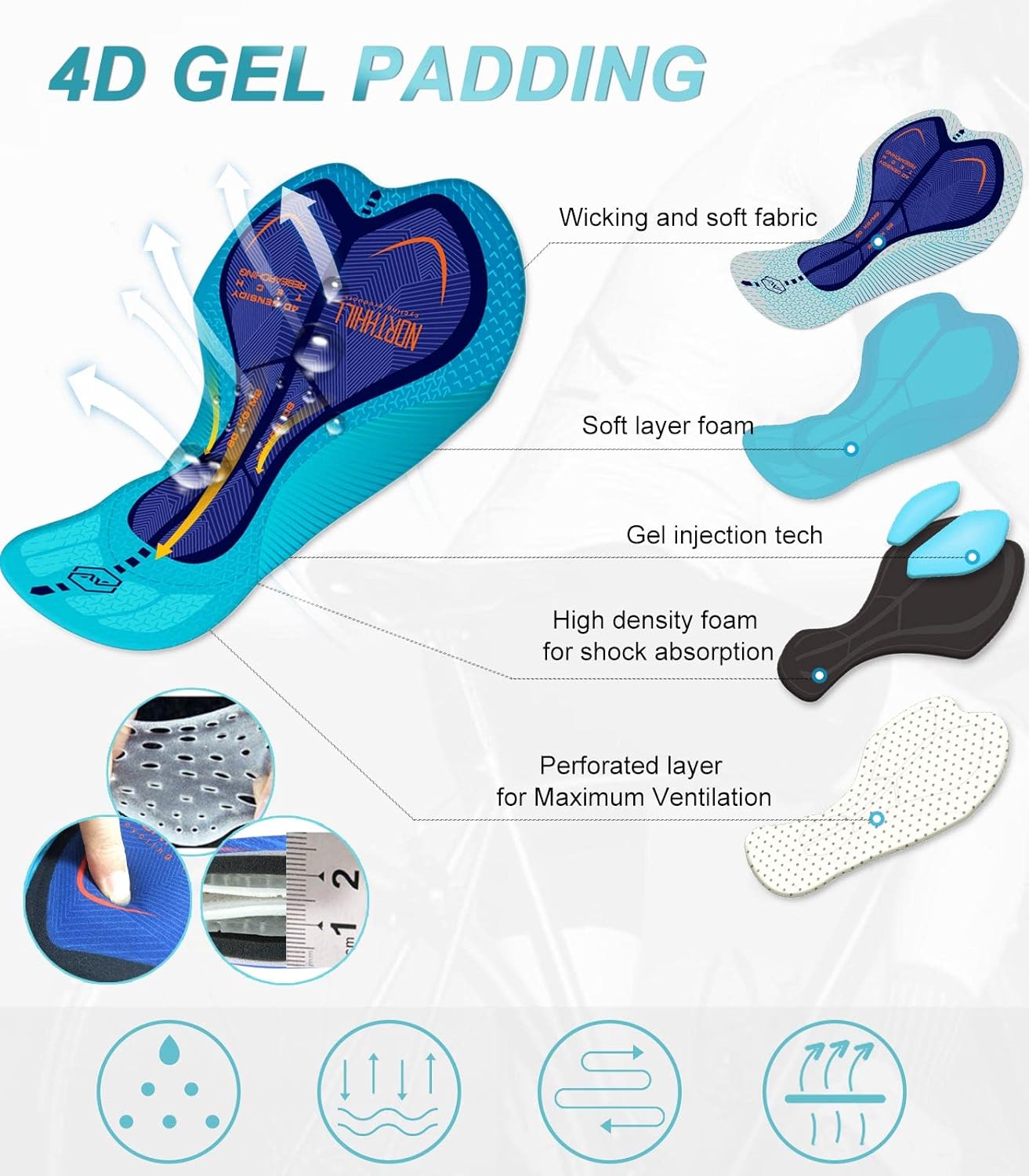 Miniatura 5 de NORTHHILL Ropa interior acolchada para hombre, ciclismo, ciclismo, 4D, acolchados, pantalones cortos de bicicleta, almohadilla de gel para montar en