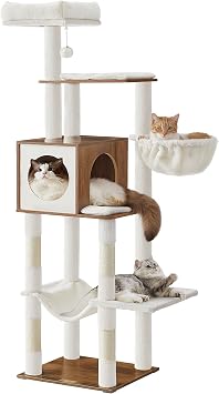 Feandrea Cat Tree, 65-Inch Tall Cat Tower, Multi-Level Condo with Cave, Basket, Hammock, Pompom, Scratching Posts, Honey Brown UPCT118K03