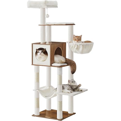 Feandrea Cat Tree, 65-Inch Tall Cat Tower, Multi-Level Cat Condo with Cave, Basket, Hammock, Pompom, Scratching Posts, Honey Brown UPCT118K03