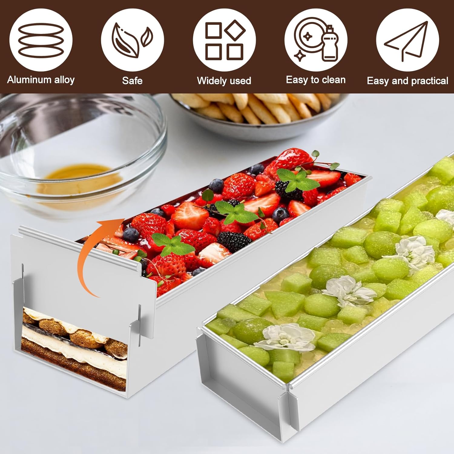 2 Pack Tiramisu Mold, Rectangle Cake Pan With A Removable Short Frame ,NonstickTiramisu Cake Pan Size 16.4*3.9*2.3 inch Rectangle Cake Mold for Tiramisu, Cheesecake, Mousse,Lasagna, Cold Desserts