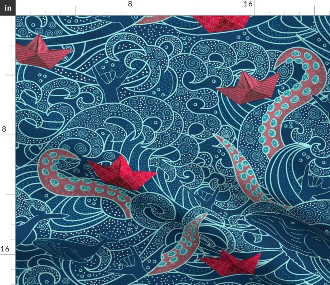 Spoonflower Fabric - Kraken Octopus Origami Boats Ocean Wave Humpback Whale Nautical Paper Printed on Petal Signature Cotton Fabric by The Yard - Sewing Quilting Apparel Crafts Decor
