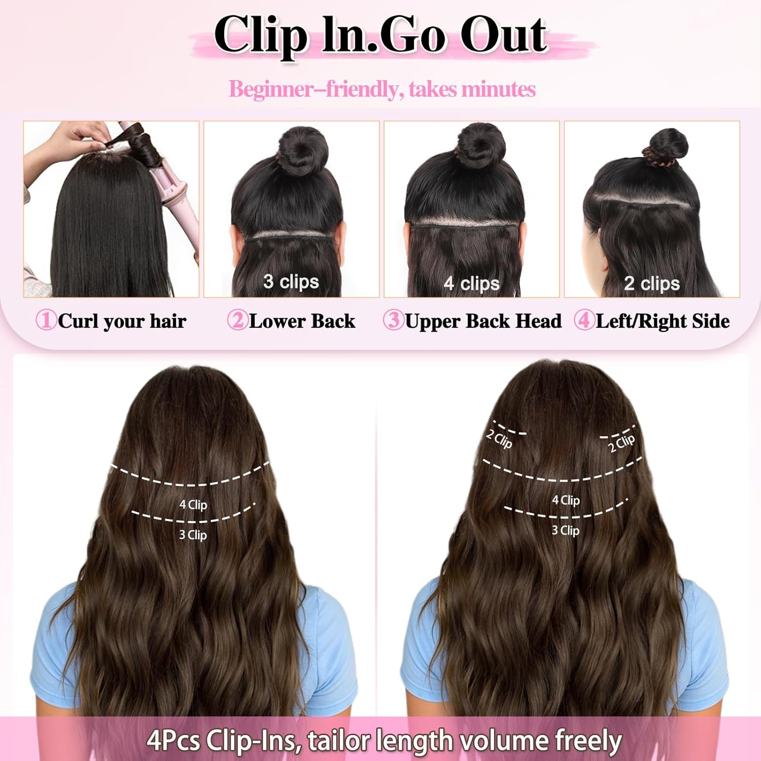 ALXNAN Clip in Hair Extensions for Women,Chocolate Brown with Dark Brown Long Wavy Hair Extensions Clip Ins 4PCS 24 Inch Synthetic Soft and Natural Thick Hair Pieces for Women